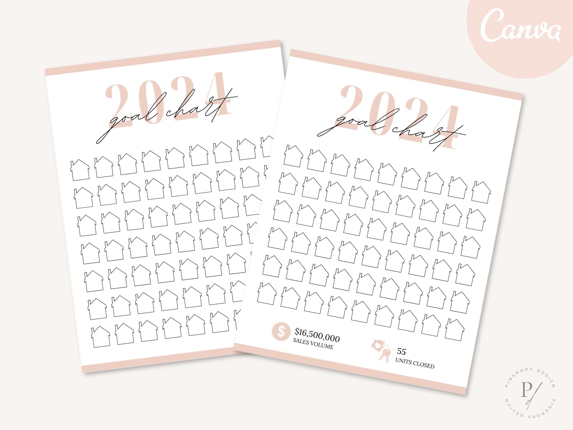 Real Estate Blush Pink 2024 Realtor Goal Chart - Visually appealing chart for goal setting and tracking in a sophisticated blush pink theme, providing a motivational and elegant tool for achieving real estate milestones