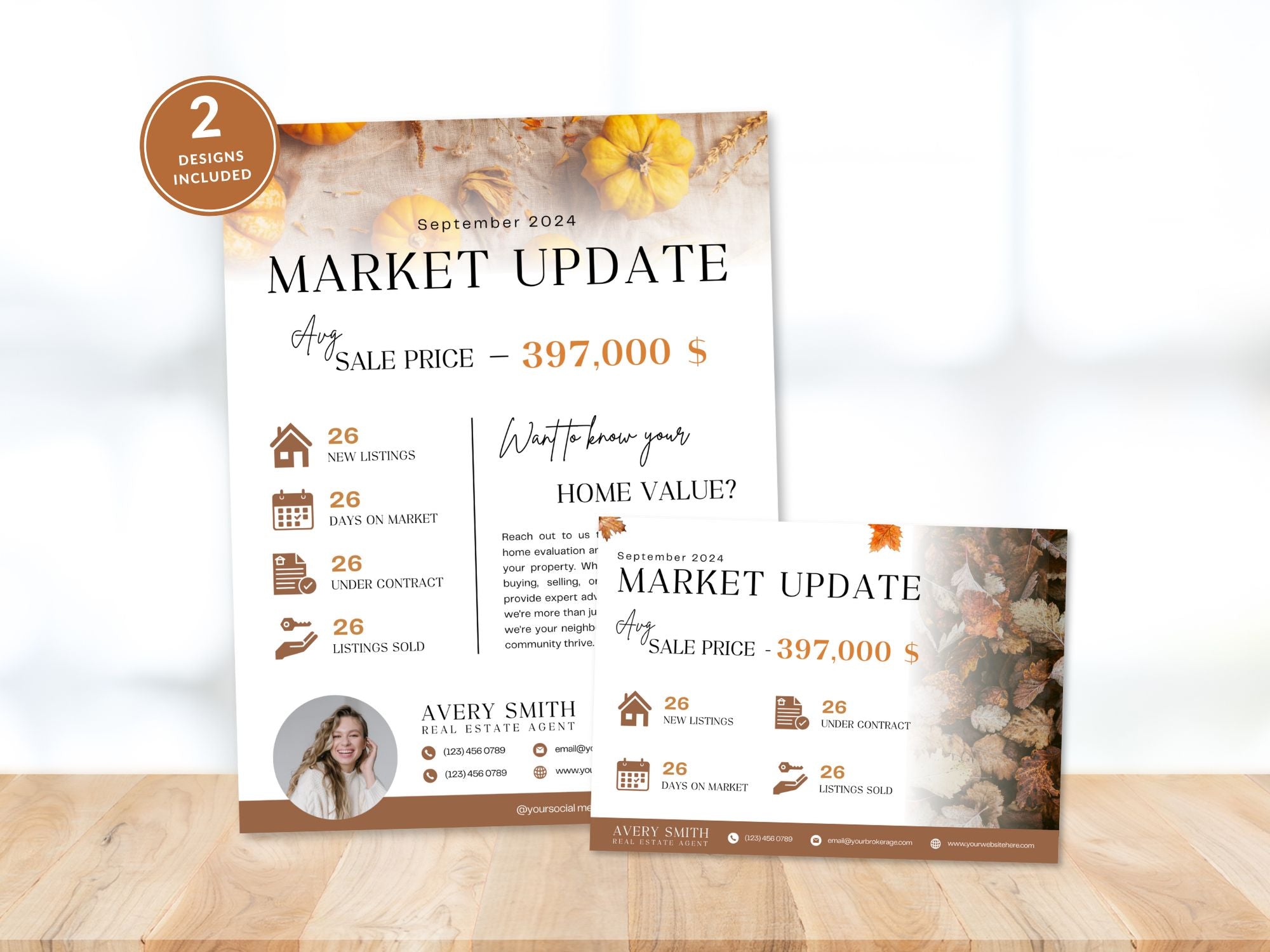 Fall Market Update Postcard and Flyer set with autumn-themed design for real estate professionals.