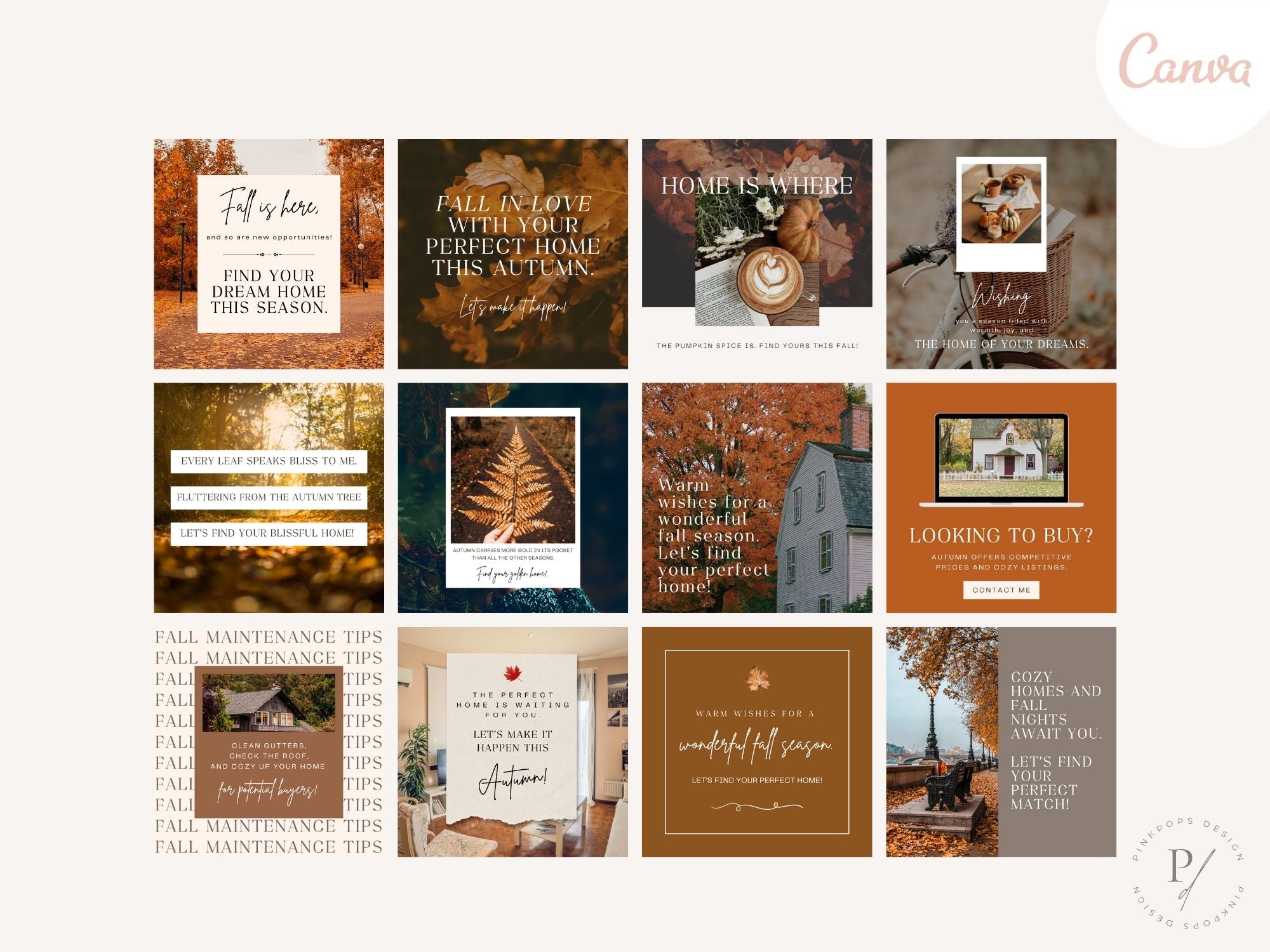 Fall-themed Instagram post and story templates for real estate marketing.
