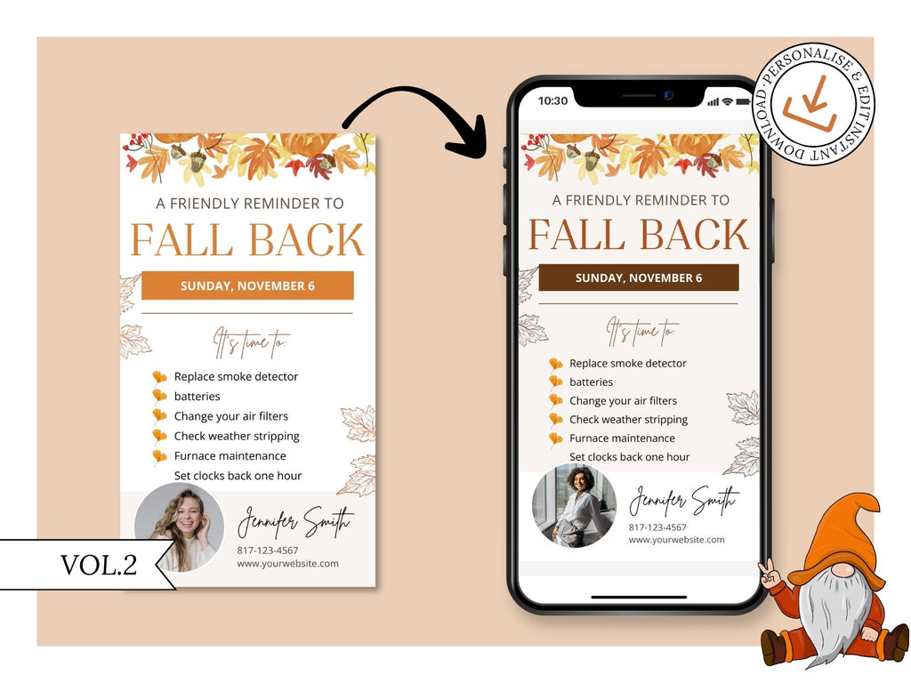 Real Estate Fall Back Digital Card Vol 02 - Visually appealing design for reminding clients about the time change and incorporating your real estate branding in the autumn season.