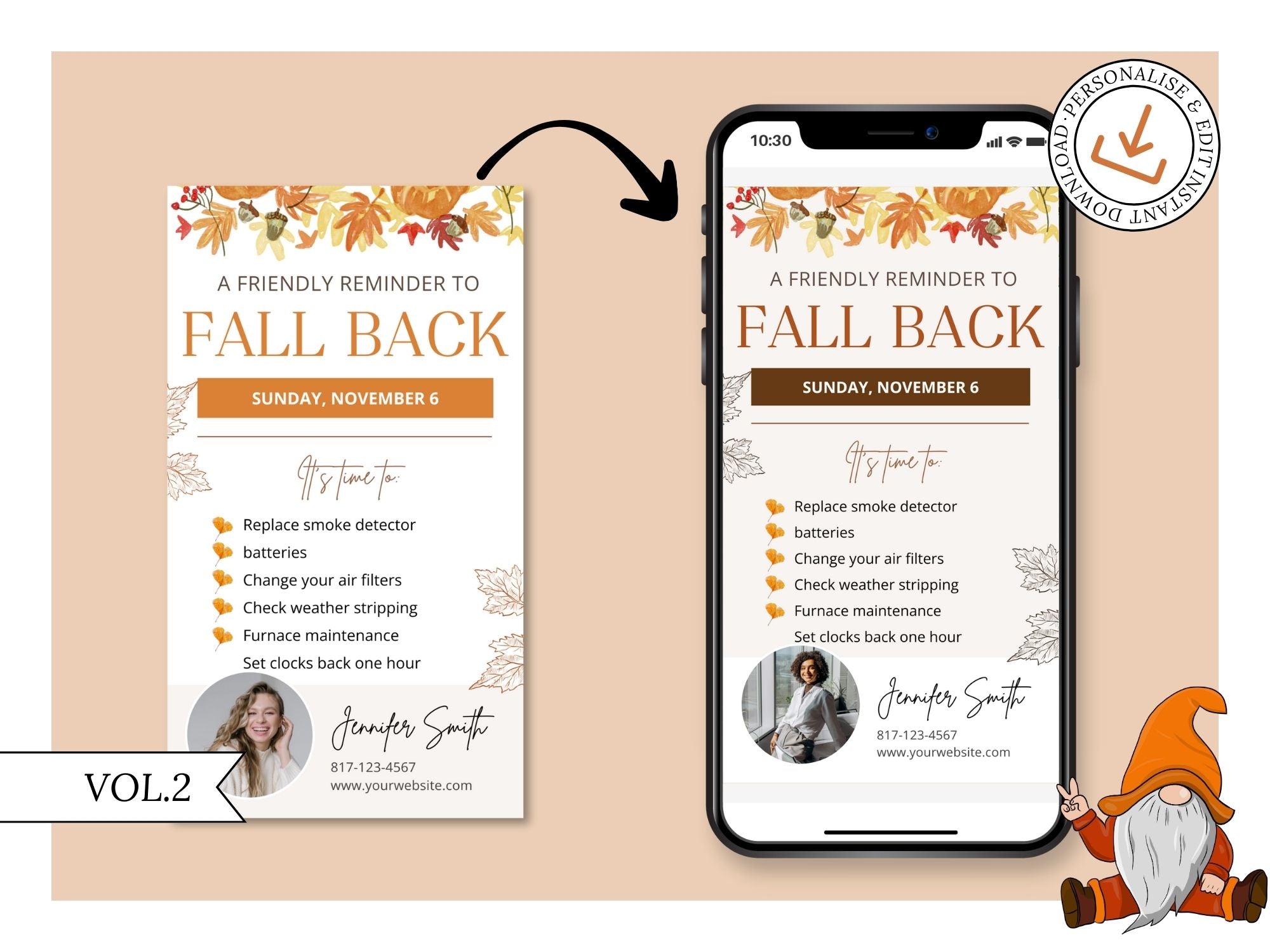 Real Estate Fall Back Digital Card Vol 02 - Visually appealing design for reminding clients about the time change and incorporating your real estate branding in the autumn season.