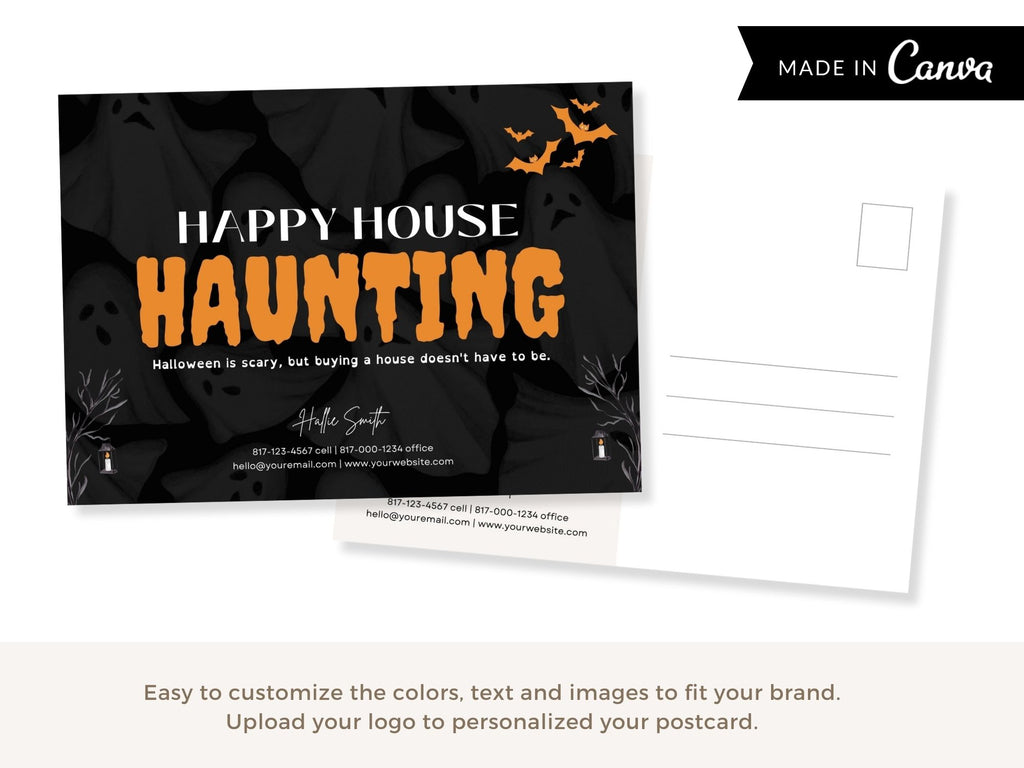 Real Estate Happy House Haunting Halloween Postcard - Creatively designed postcard wishing clients a 'Happy House Haunting,' providing a unique and engaging way to express Halloween greetings and foster connections with your real estate audience.