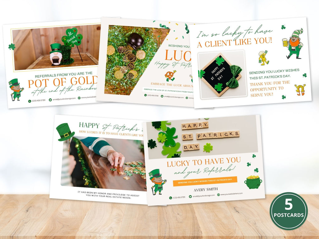 St. Patrick's Day Postcard Bundle - Eye-catching postcards for real estate marketing with Irish-themed charm and professional aesthetics.