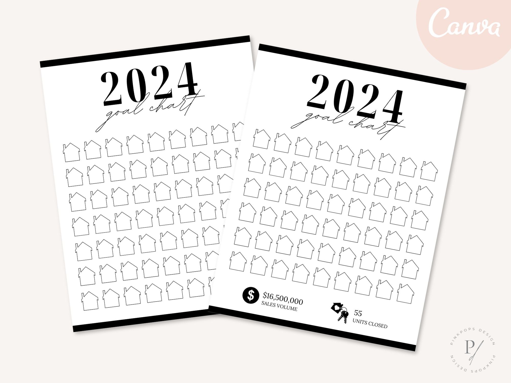 Real Estate Black 2024 Realtor Goal Chart - Sleek and modern chart for goal setting and tracking in a sophisticated black theme, providing a motivational and stylish tool for achieving real estate milestones.