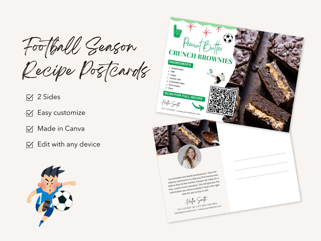 Football Season Real Estate Recipe Postcards - Themed postcards with delicious recipes and real estate tips.