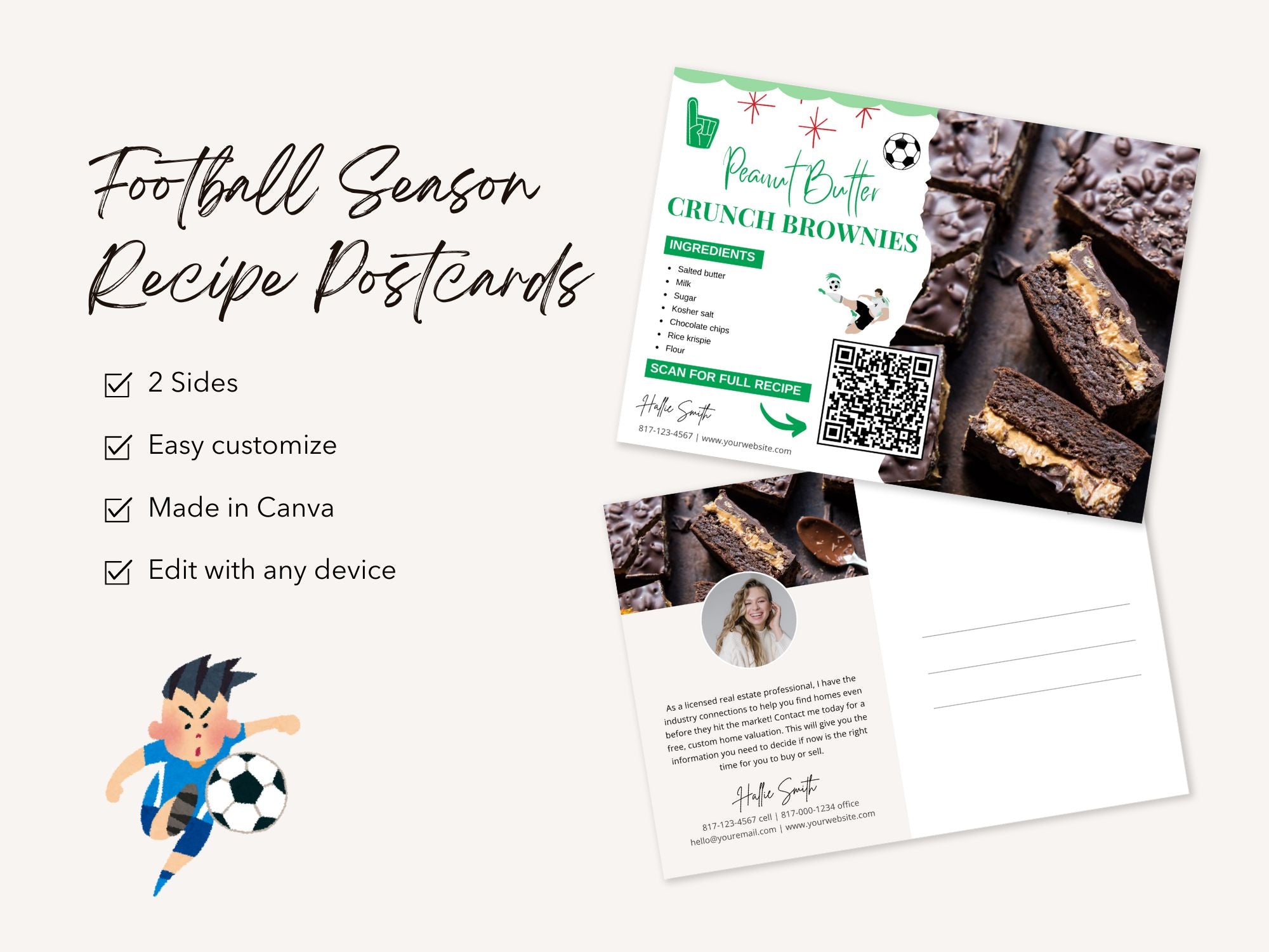 Football Season Real Estate Recipe Postcards - Themed postcards with delicious recipes and real estate tips.