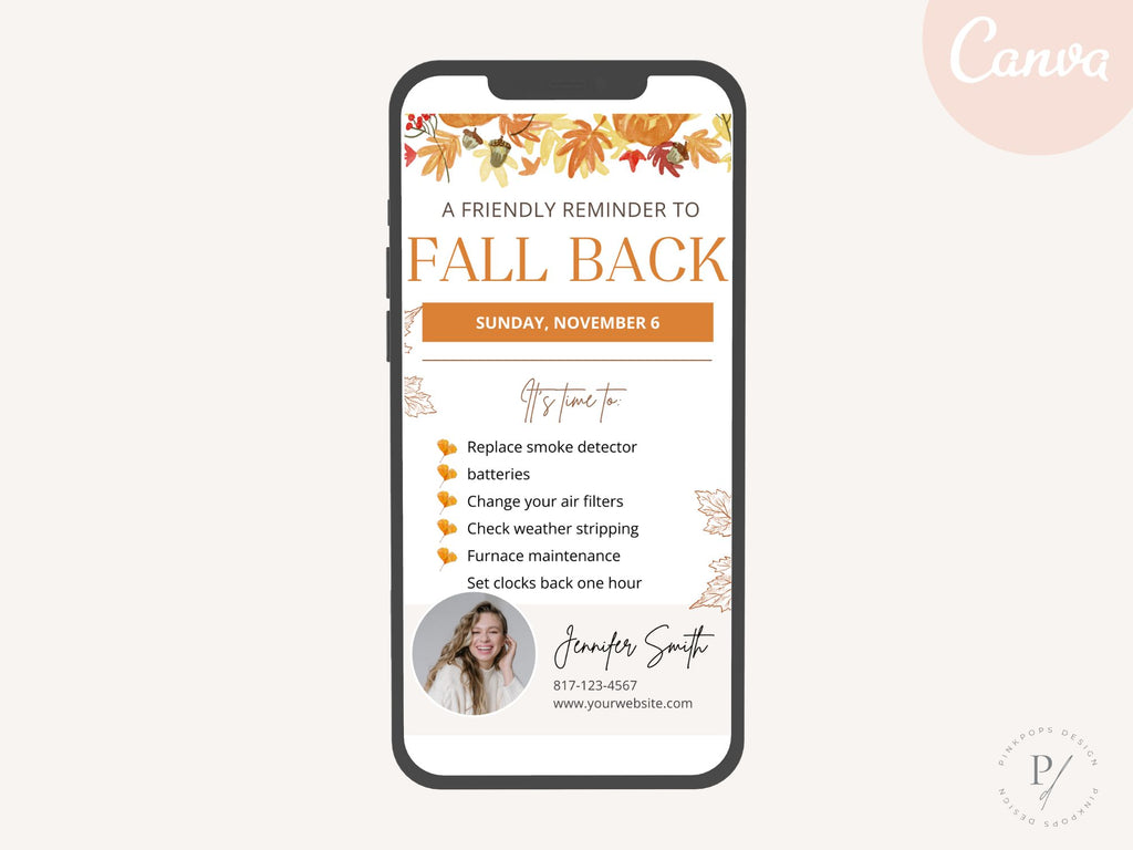Real Estate Fall Back Digital Card Vol 02 - Visually appealing design for reminding clients about the time change and incorporating your real estate branding in the autumn season.