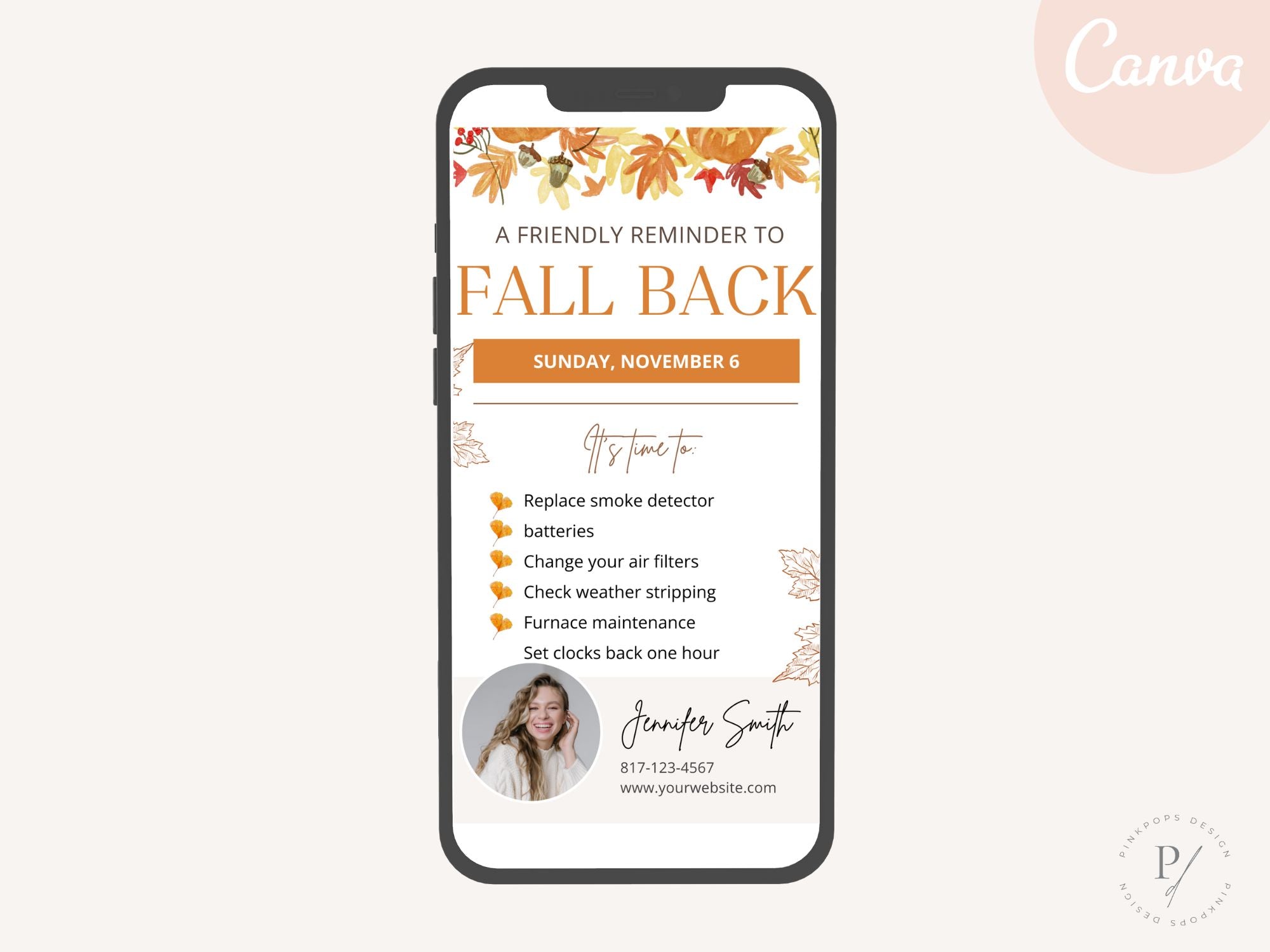 Real Estate Fall Back Digital Card Vol 02 - Visually appealing design for reminding clients about the time change and incorporating your real estate branding in the autumn season.