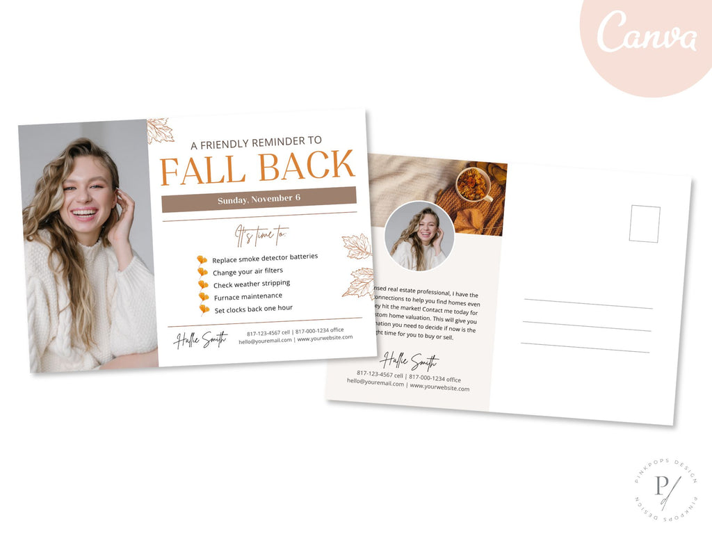 Real Estate Fall Back Postcard Vol 02 - Captivating design for reminding clients about the time change and showcasing your real estate brand in the autumn season.