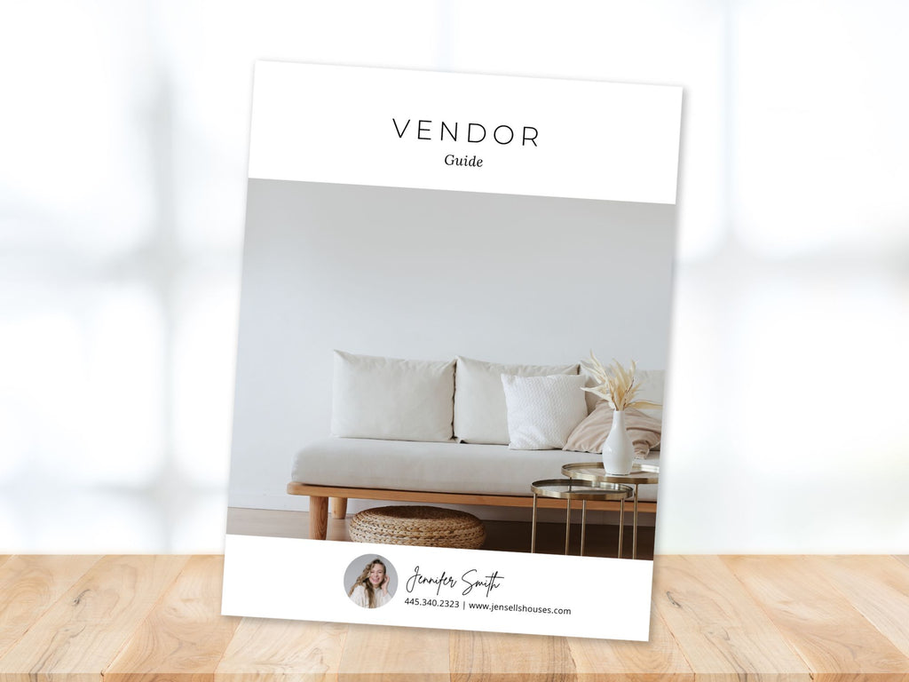 Minimal Vendor Guide template for real estate agents featuring trusted local service providers and vendors.