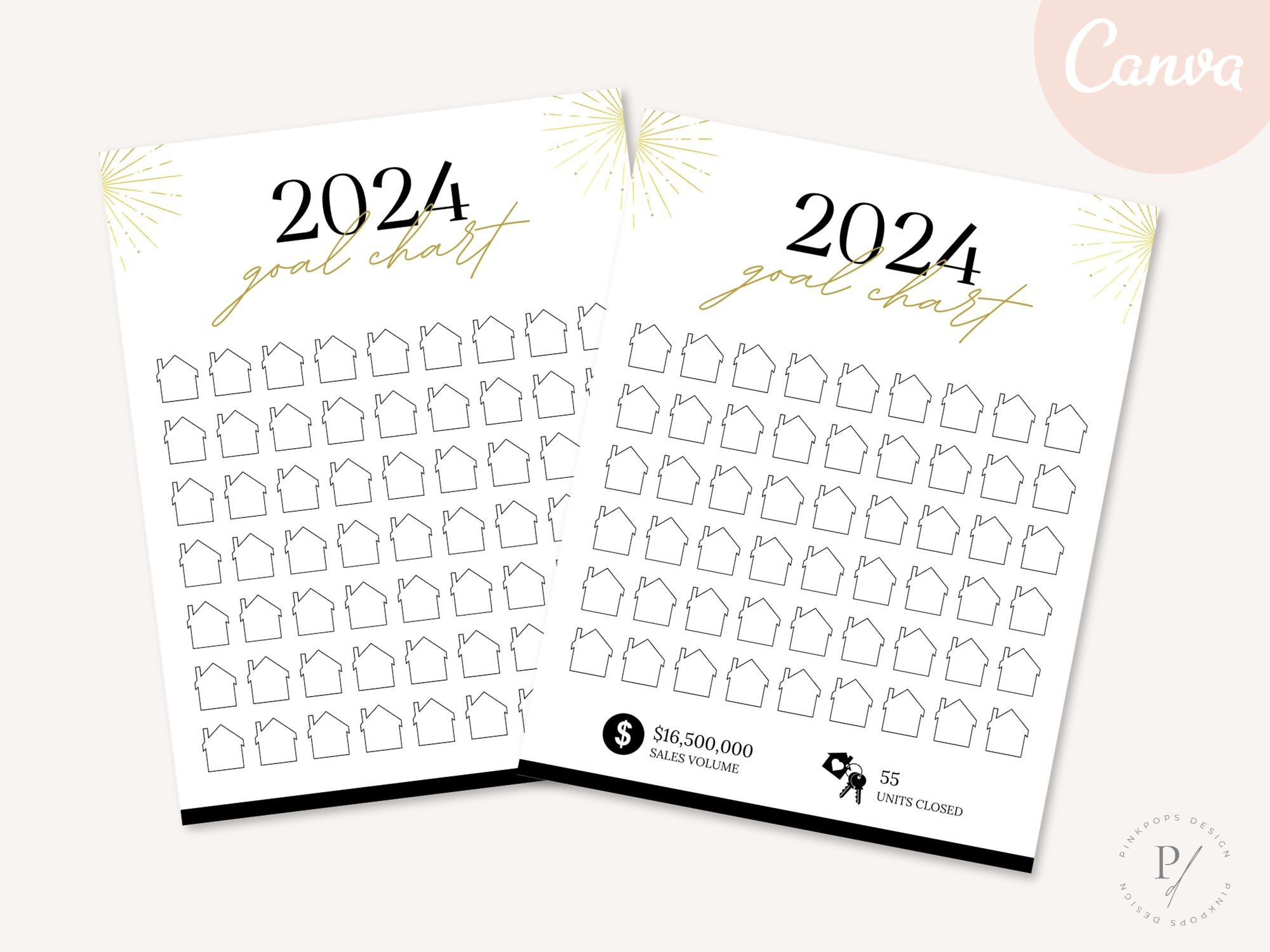 Real Estate Gold 2024 Realtor Goal Chart - Eye-catching chart for goal setting and tracking in a luxurious gold theme, providing a stylish and motivational tool for achieving real estate milestones.