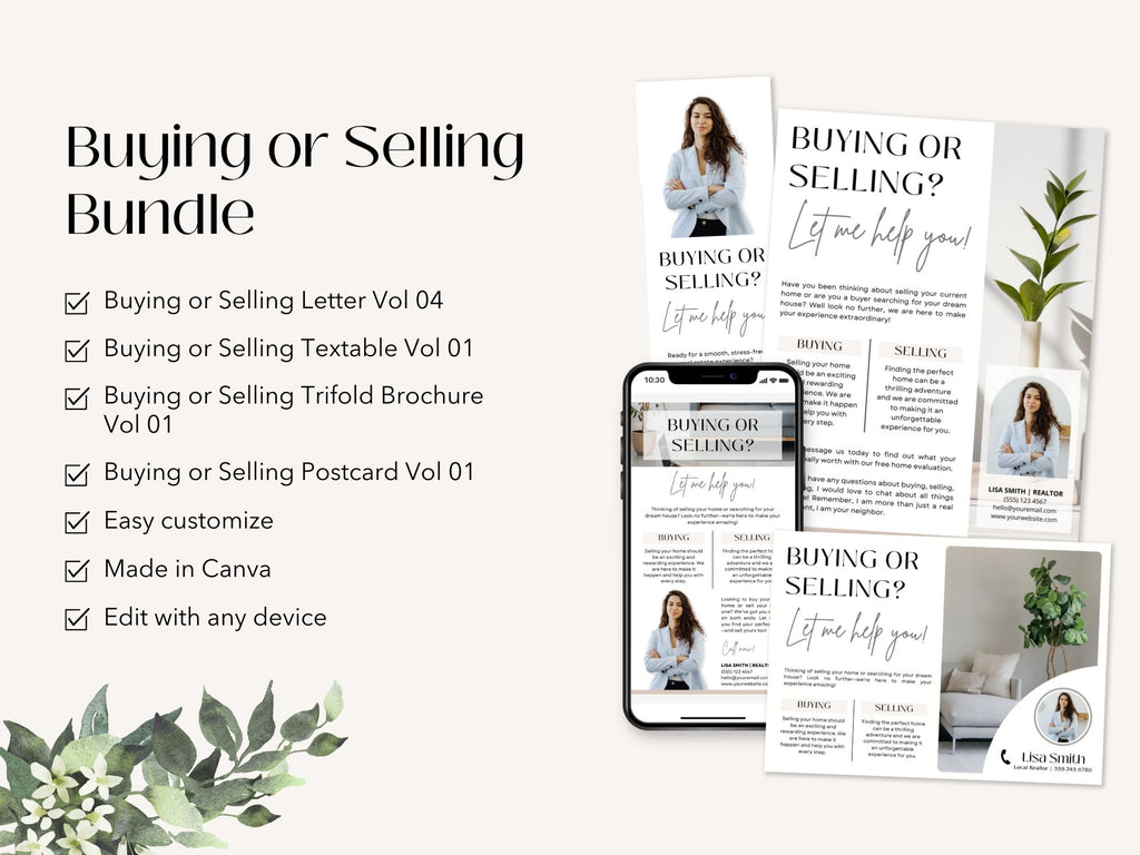Real estate marketing bundle including postcard, brochure, textable message, and letter for buying or selling properties.
