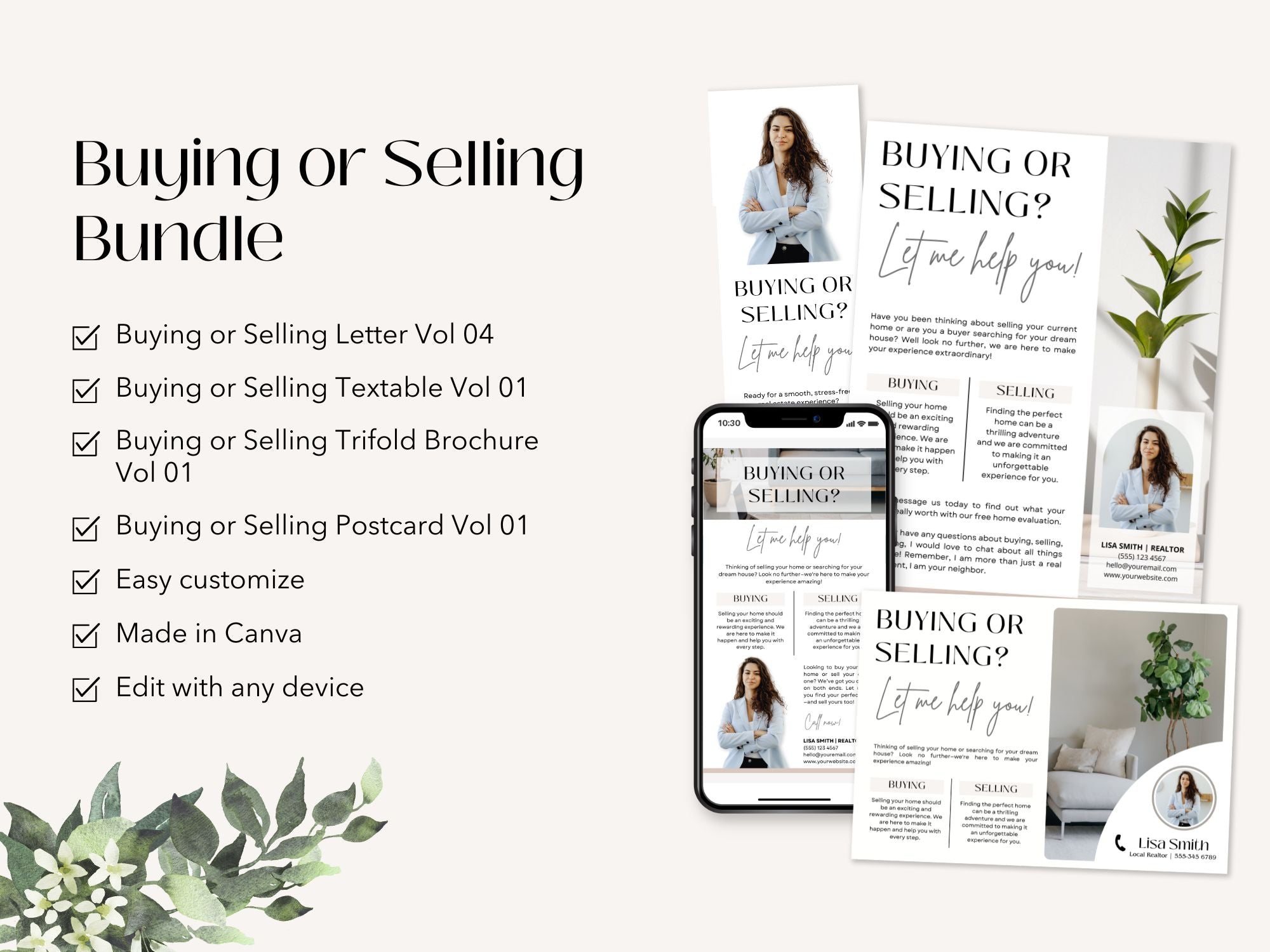 Real estate marketing bundle including postcard, brochure, textable message, and letter for buying or selling properties.
