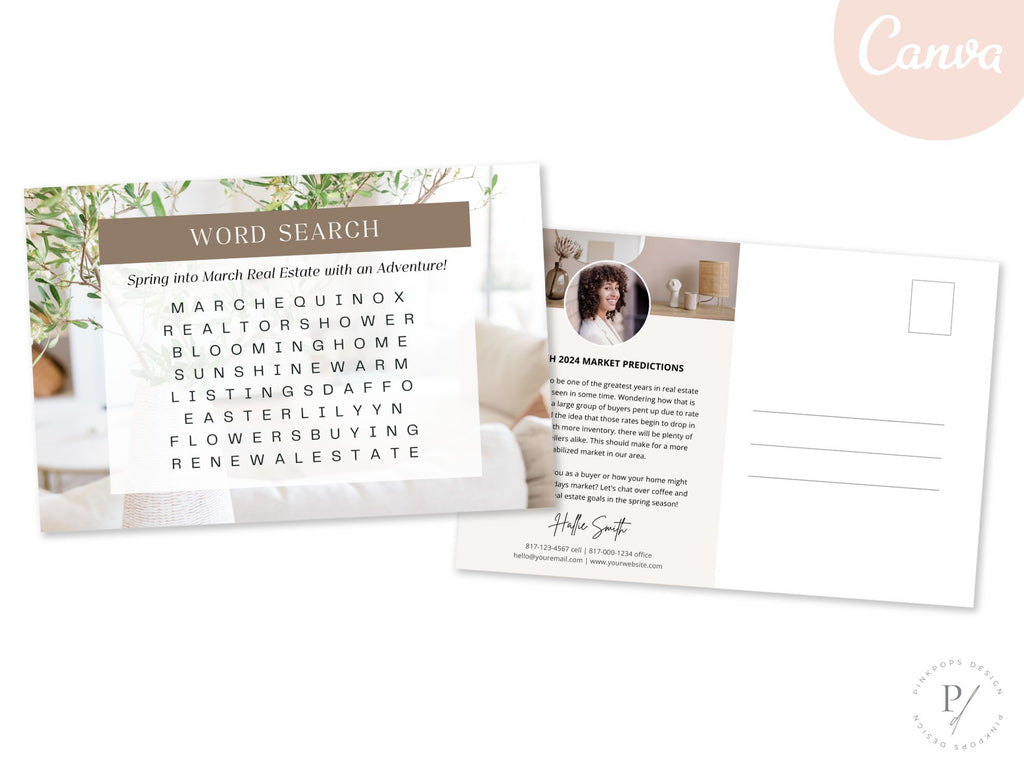 March Word Search Postcard - Professionally designed real estate postcard featuring a fun and interactive March-themed word search.
