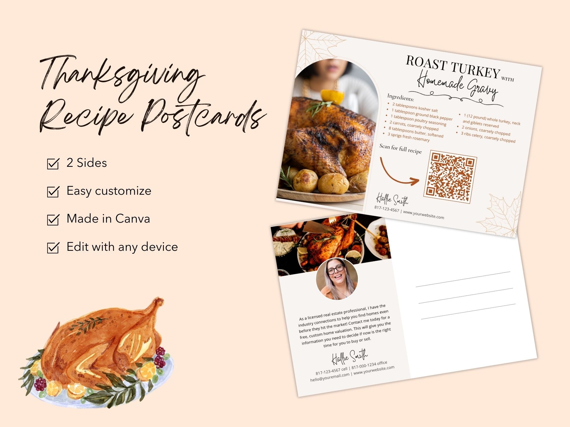 Real Estate Thanksgiving Recipe Postcard Bundle - Delightful bundle combining festive design with mouthwatering recipes for a unique and engaging way to express gratitude and connect with clients during the Thanksgiving season.