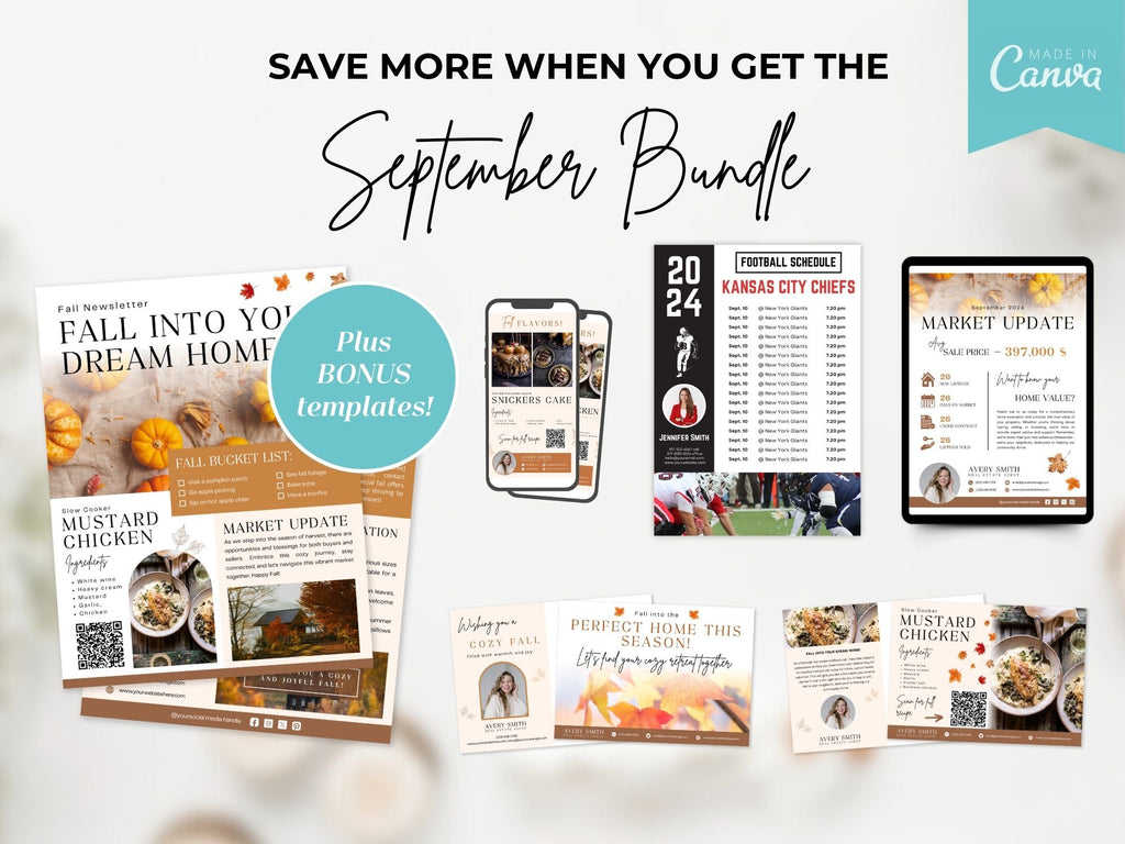 September Real Estate Farming Bundle featuring postcards, newsletters, and marketing materials for effective realtor farming.