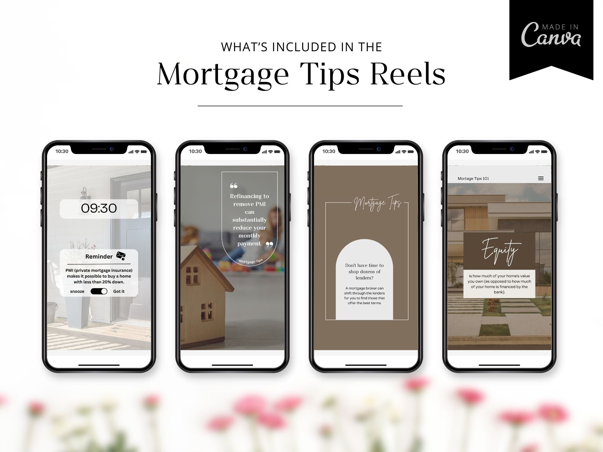 Instagram reel templates sharing mortgage tips for homebuyers and realtors, designed for engagement and education.