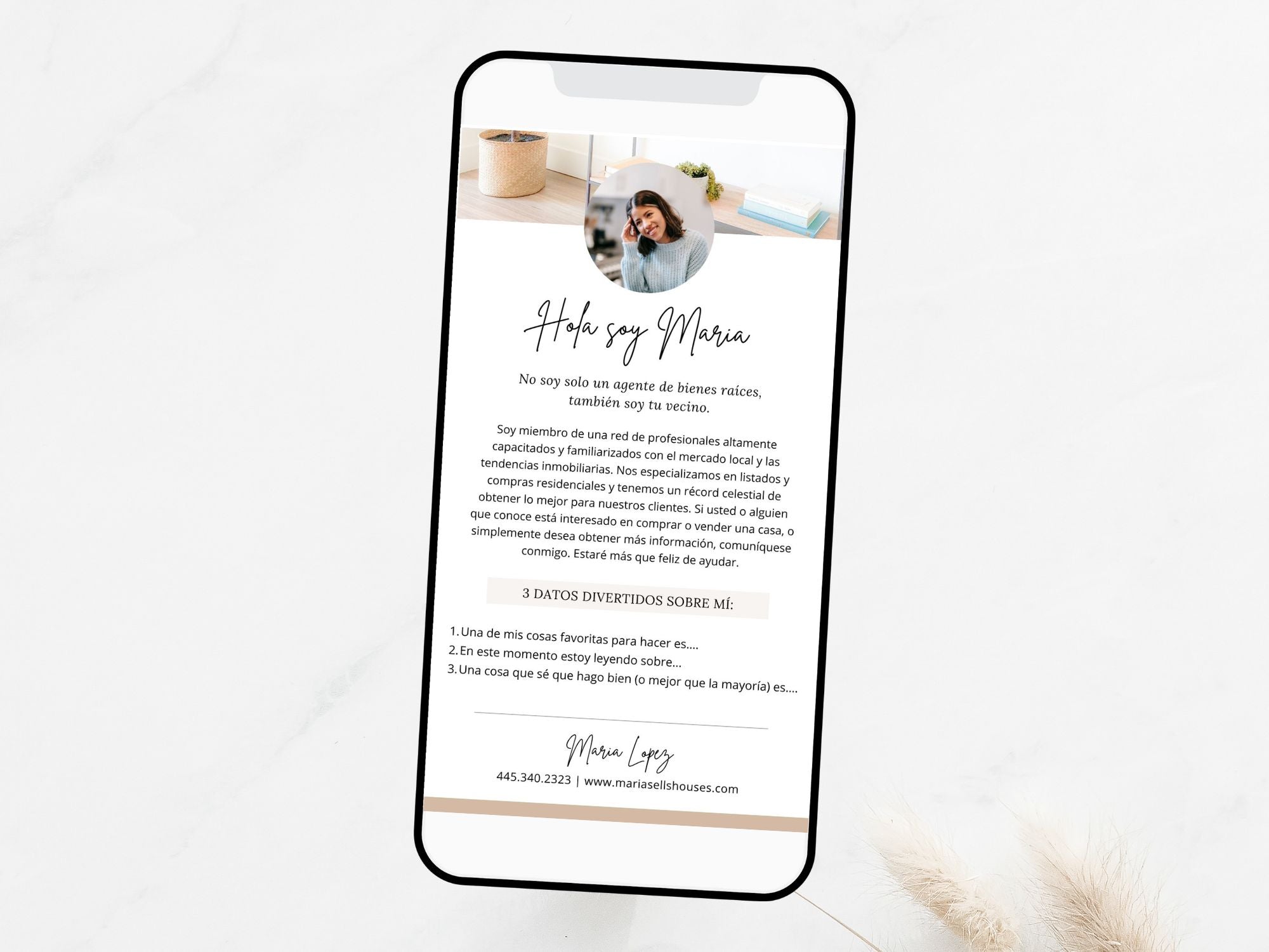 Spanish Textable Agent Introduction Flyer - Introduce yourself in Spanish with a textable flyer, sharing background, expertise, and services for a personalized connection with Spanish-speaking clients.