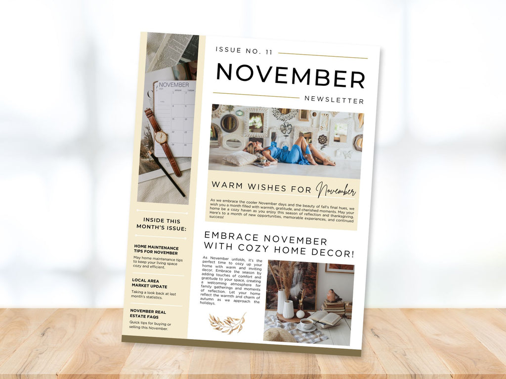 November Newsletter 2024 Vol 02 template for real estate professionals, featuring market updates and seasonal home maintenance tips.
