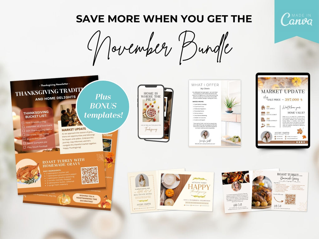 November Real Estate Farming Bundle with seasonal postcards, flyers, and letters for fall marketing.