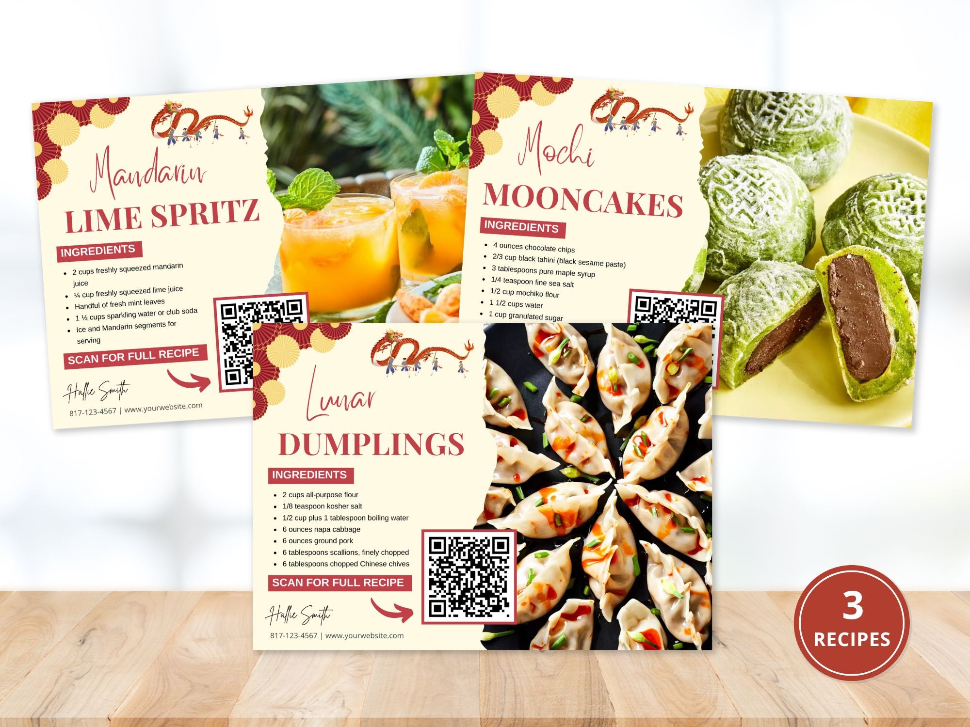 A set of Lunar New Year-themed recipe postcards featuring vibrant festive designs, ideal for real estate client engagement.