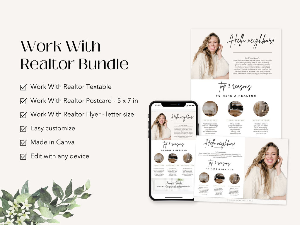 Work With Realtor Bundle - Essential marketing tools for realtors including postcard, flyer, and textable.