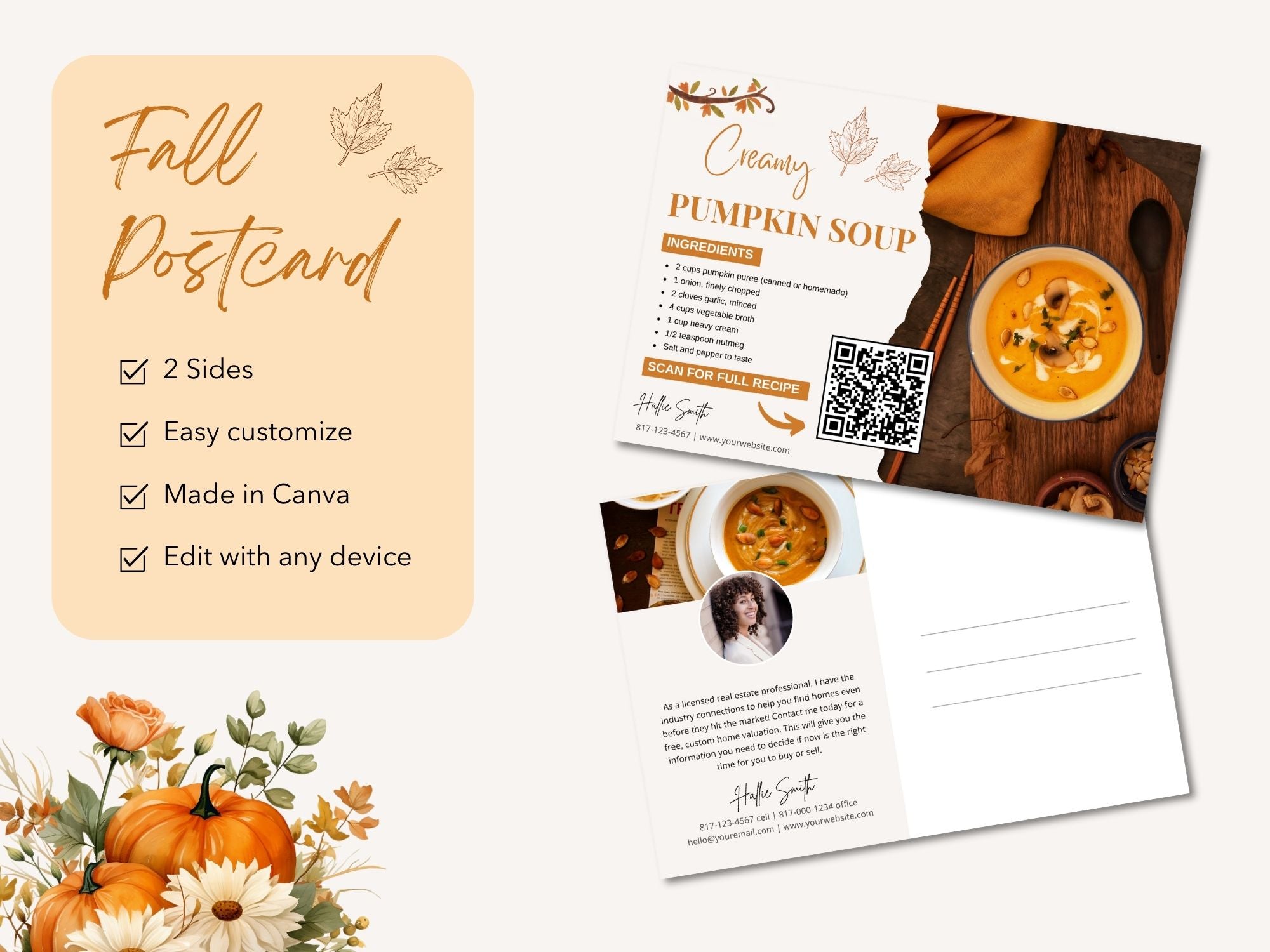 Real Estate Fall Recipe Postcard Bundle - Delightful bundle combining autumnal design with flavorful recipes for a unique and engaging way to express seasonal greetings and foster connections with clients during the fall season.