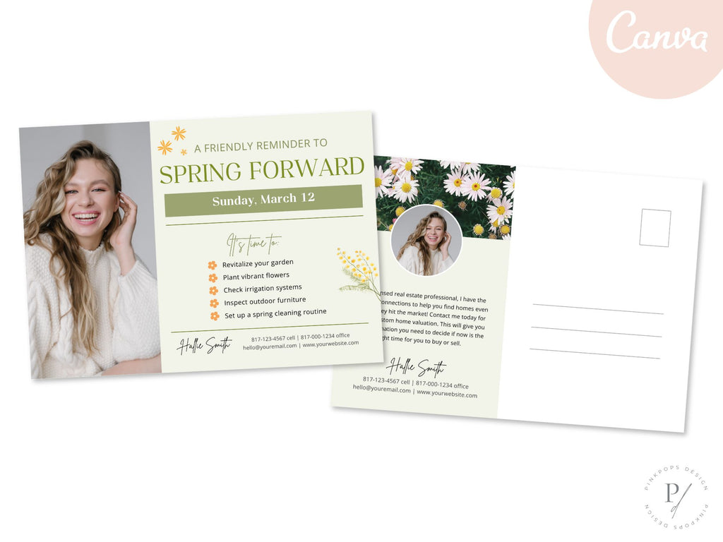 Spring Forward Reminder Postcard - Professionally designed real estate postcard for a timely reminder of daylight saving time.