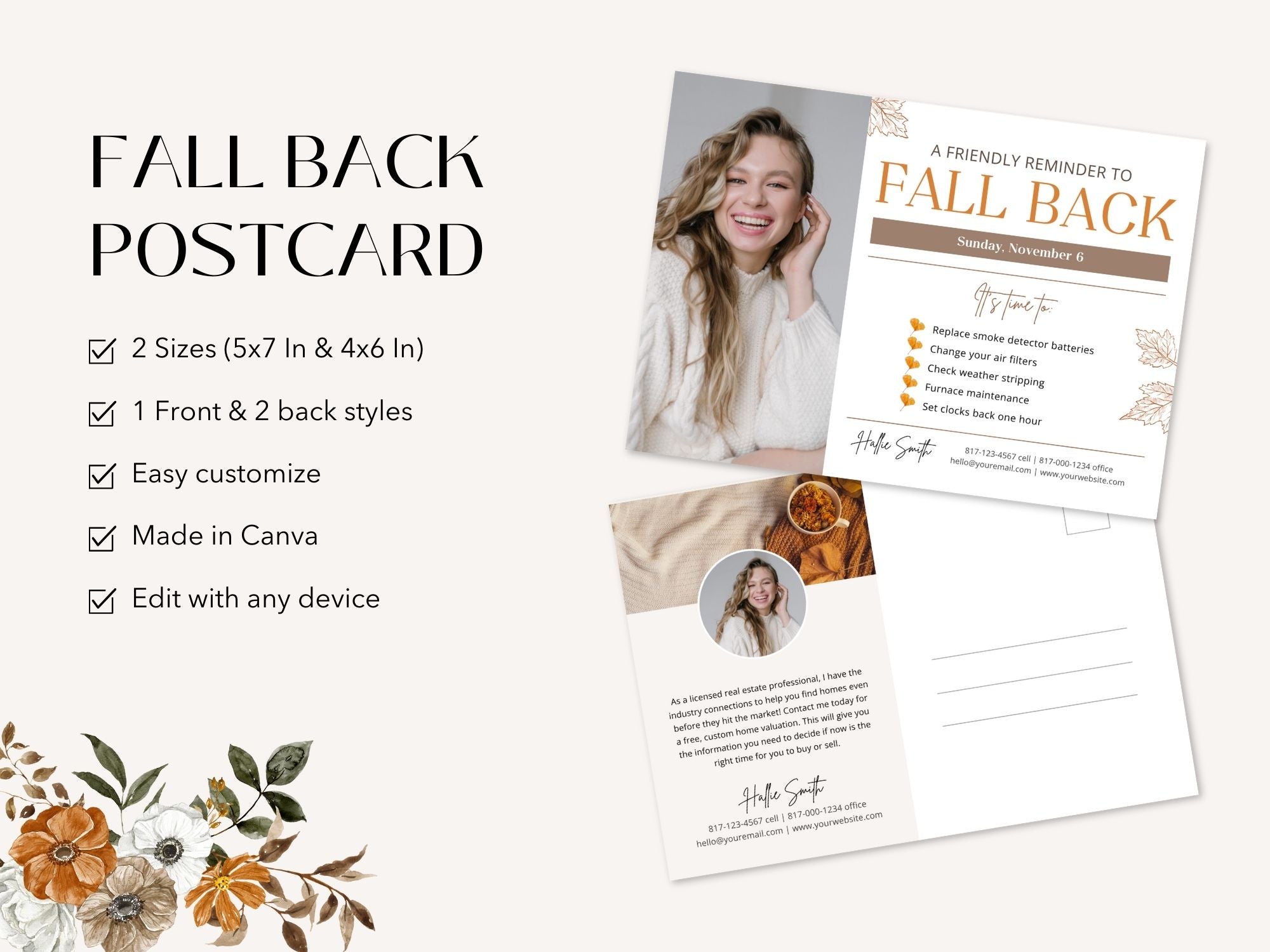 Real Estate Fall Back Postcard Vol 02 - Captivating design for reminding clients about the time change and showcasing your real estate brand in the autumn season.