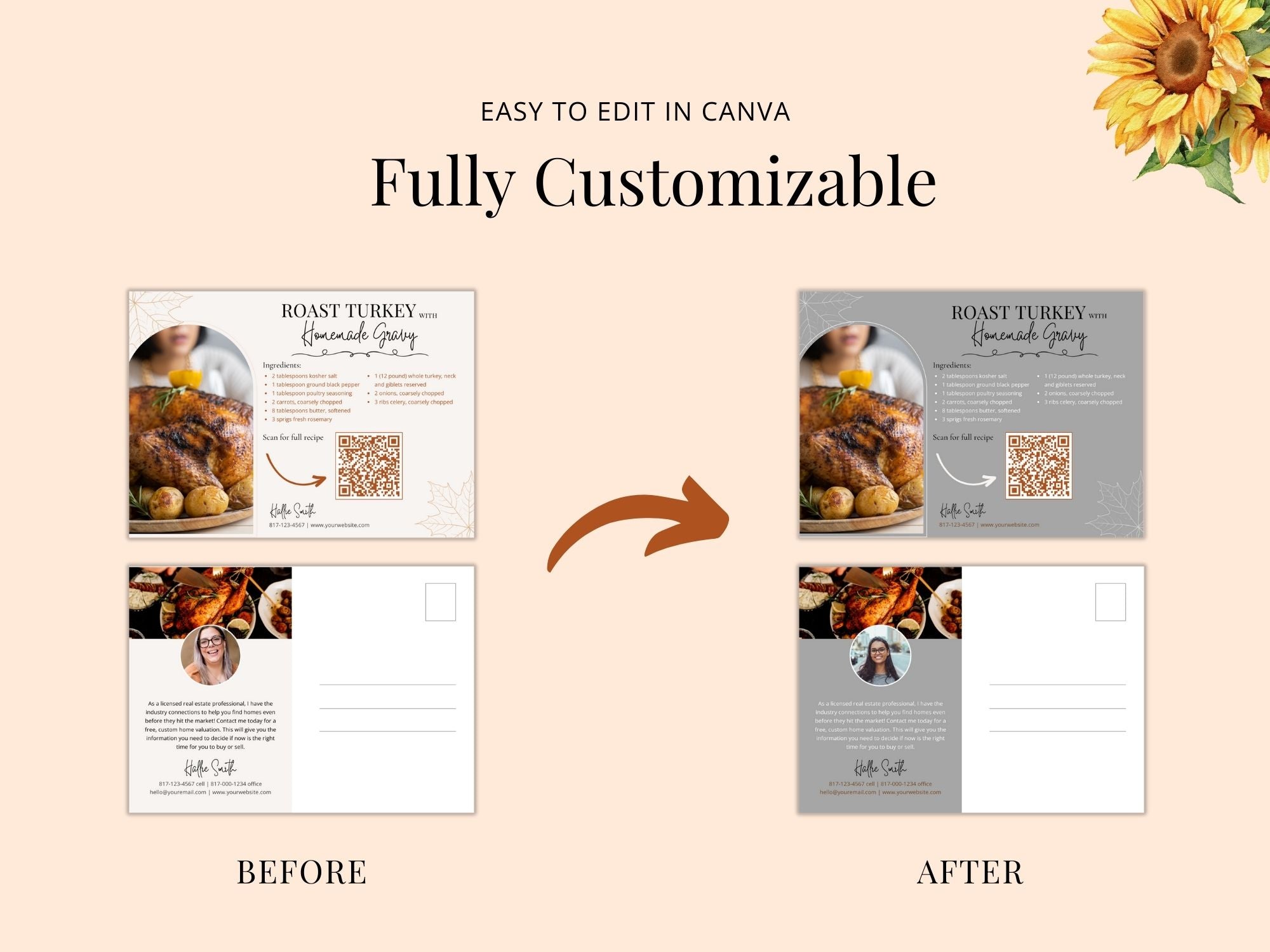Real Estate Thanksgiving Recipe Postcard Bundle - Delightful bundle combining festive design with mouthwatering recipes for a unique and engaging way to express gratitude and connect with clients during the Thanksgiving season.