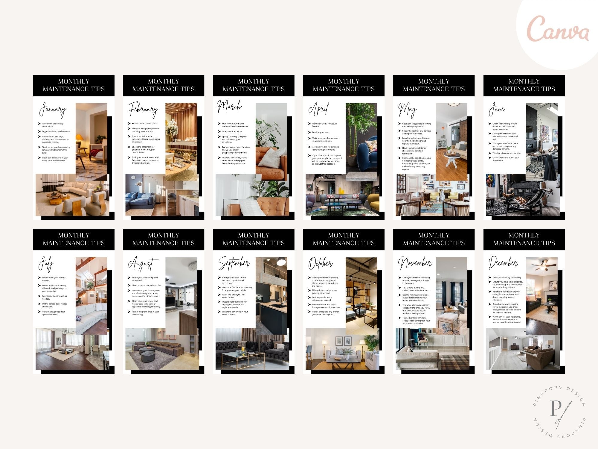 Monthly Maintenance Tips Instagram Post & Stories - Beautifully designed templates with home maintenance advice.