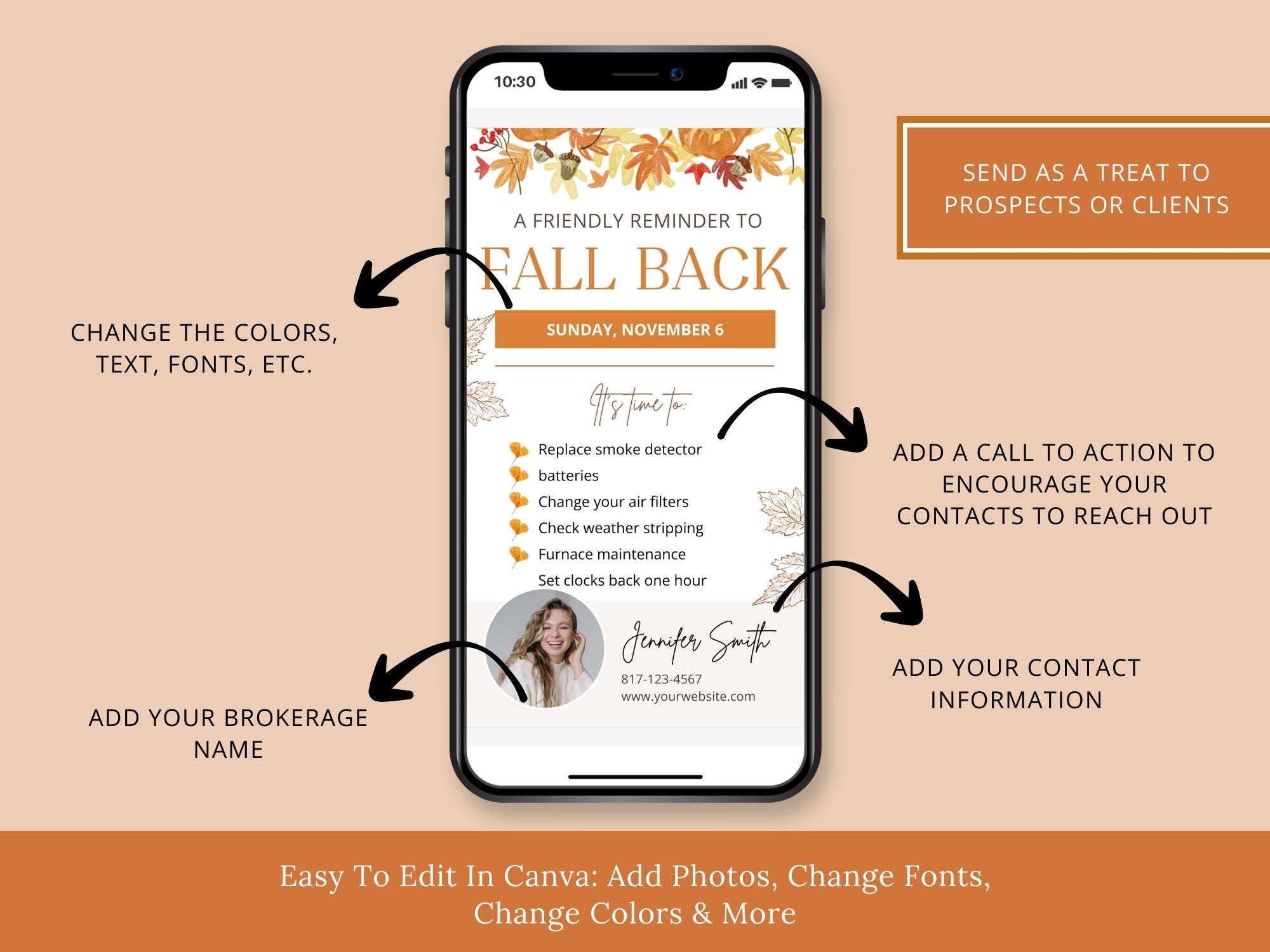 Real Estate Fall Back Digital Card Vol 02 - Visually appealing design for reminding clients about the time change and incorporating your real estate branding in the autumn season.