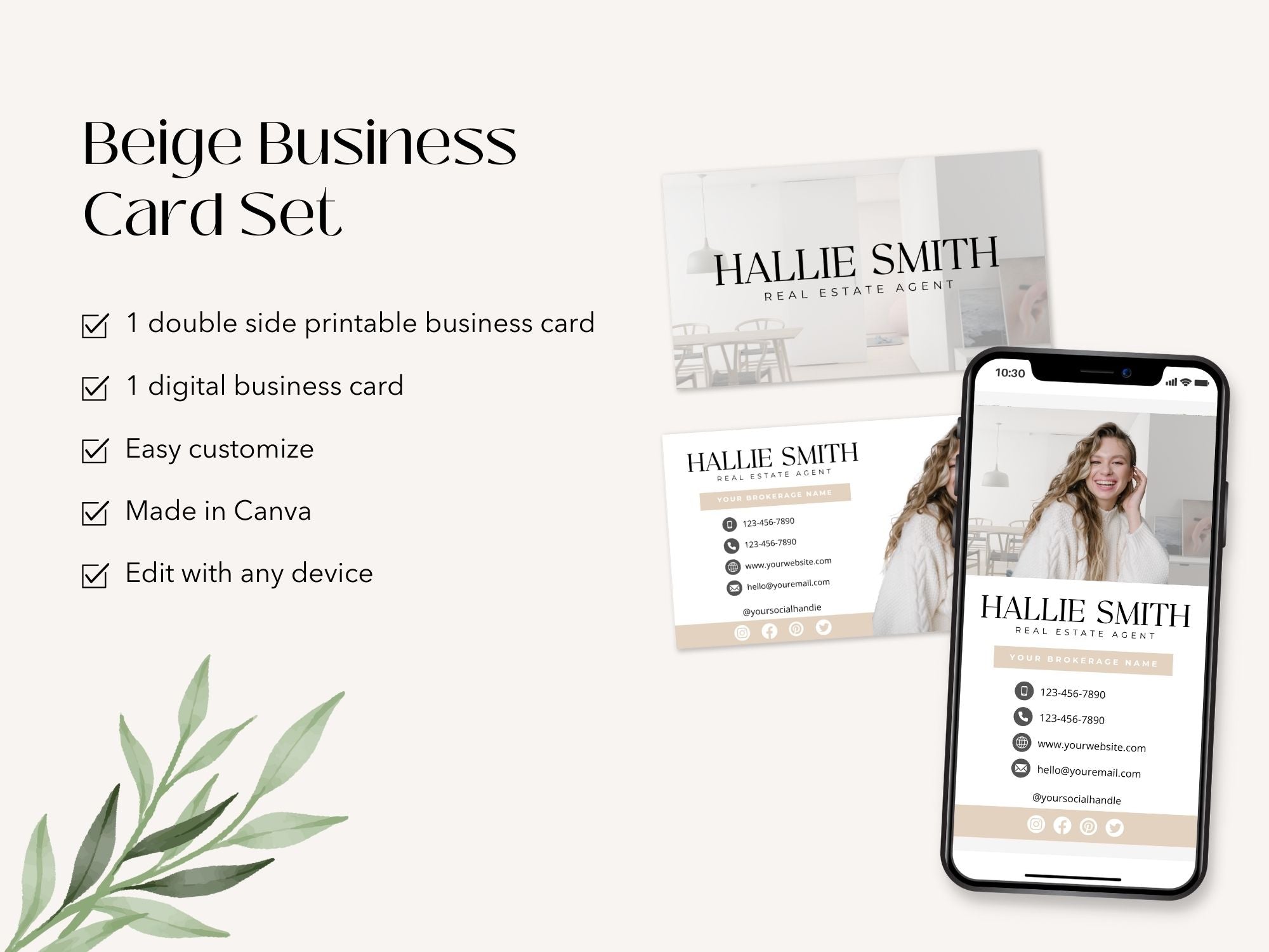 Real Estate Beige Business Card Set - Sleek and sophisticated business cards in a timeless beige color scheme for real estate professionals.