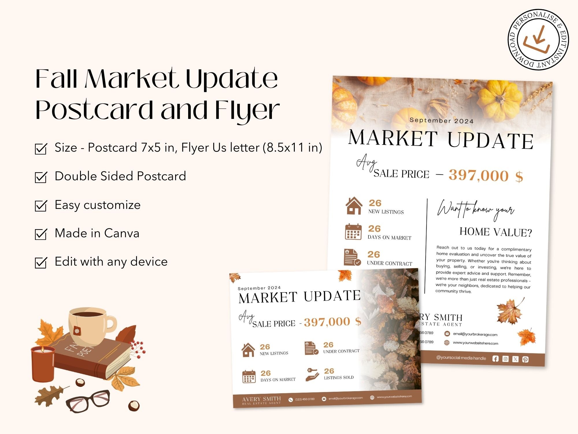Fall Market Update Postcard and Flyer set with autumn-themed design for real estate professionals.