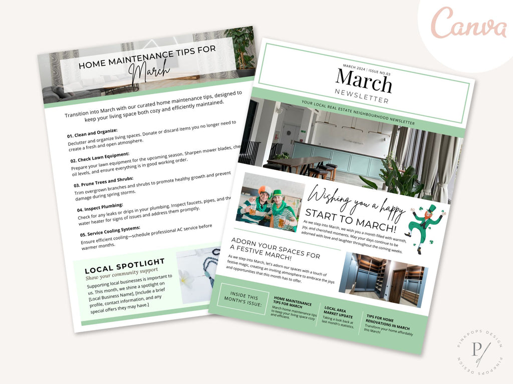 Minimal March Newsletter 2024 - Professionally designed real estate newsletter template with a clean and modern aesthetic.