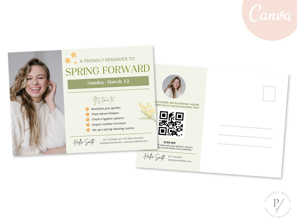 Spring Forward Reminder Postcard - Professionally designed real estate postcard for a timely reminder of daylight saving time.