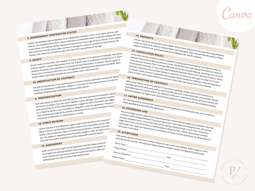 Cleaning Service Agreement - Editable template for establishing clear terms and expectations, fostering a transparent and professional relationship between your cleaning business and clients.