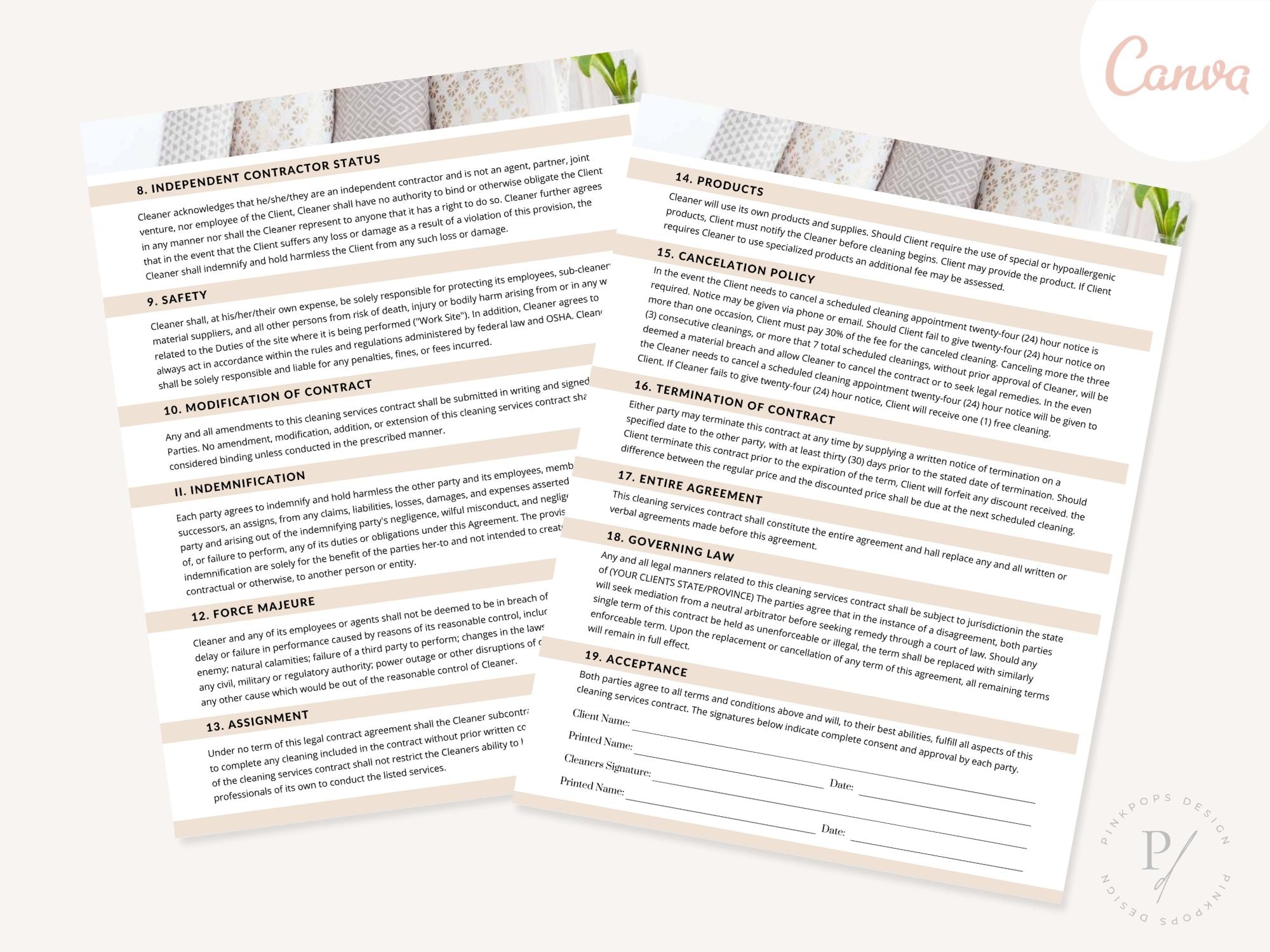 Cleaning Service Agreement - Editable template for establishing clear terms and expectations, fostering a transparent and professional relationship between your cleaning business and clients.
