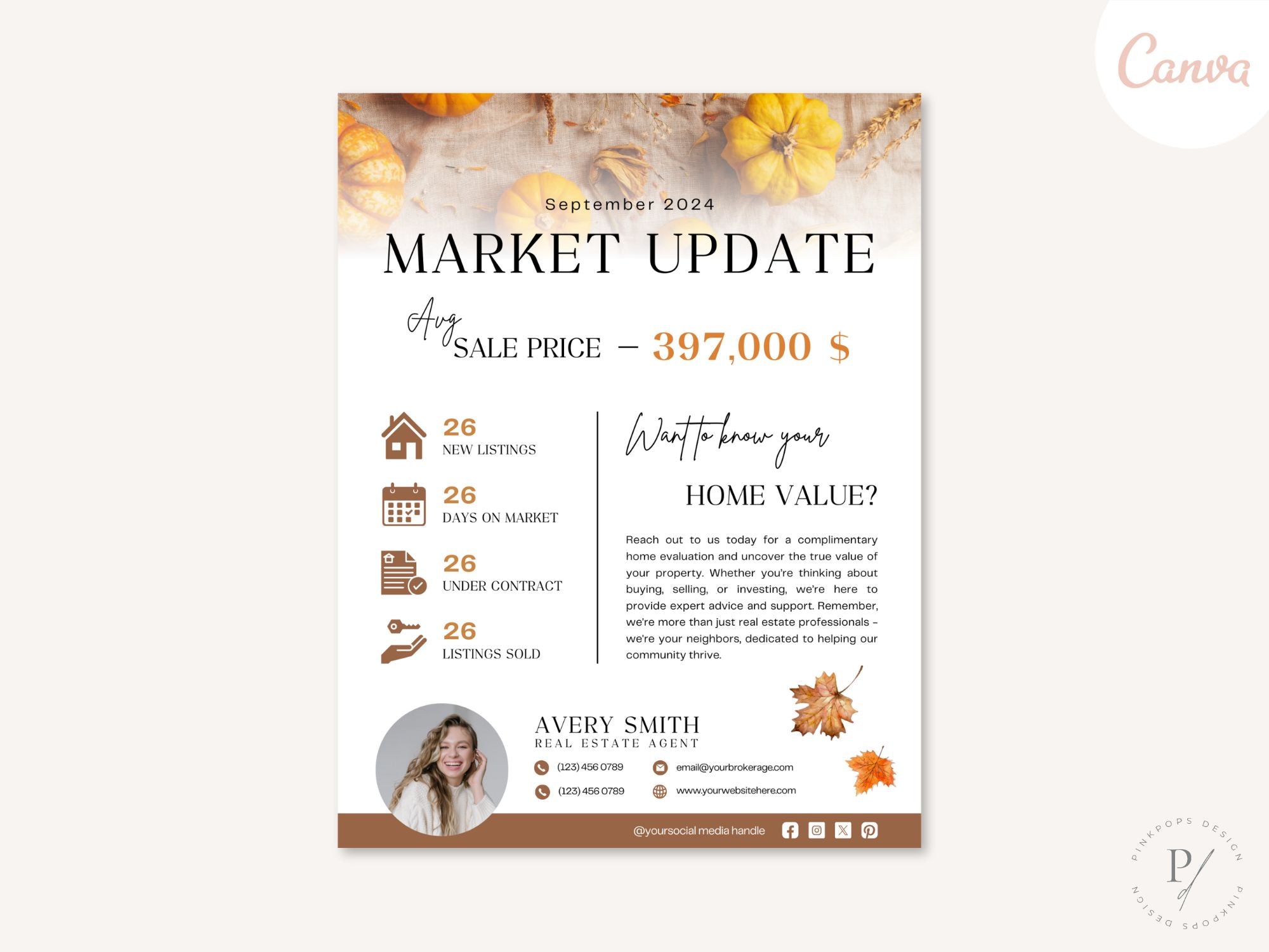 Fall Market Update Postcard and Flyer set with autumn-themed design for real estate professionals.