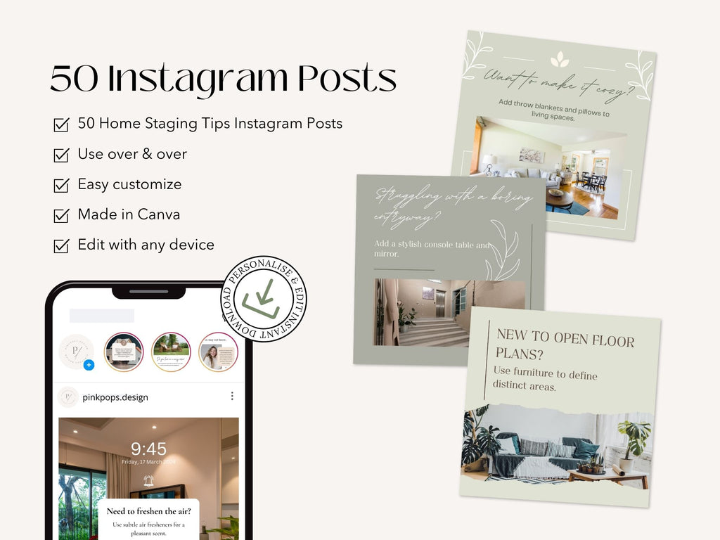 50 Home Staging Tips Instagram Posts - Professionally crafted templates offering essential home staging advice.