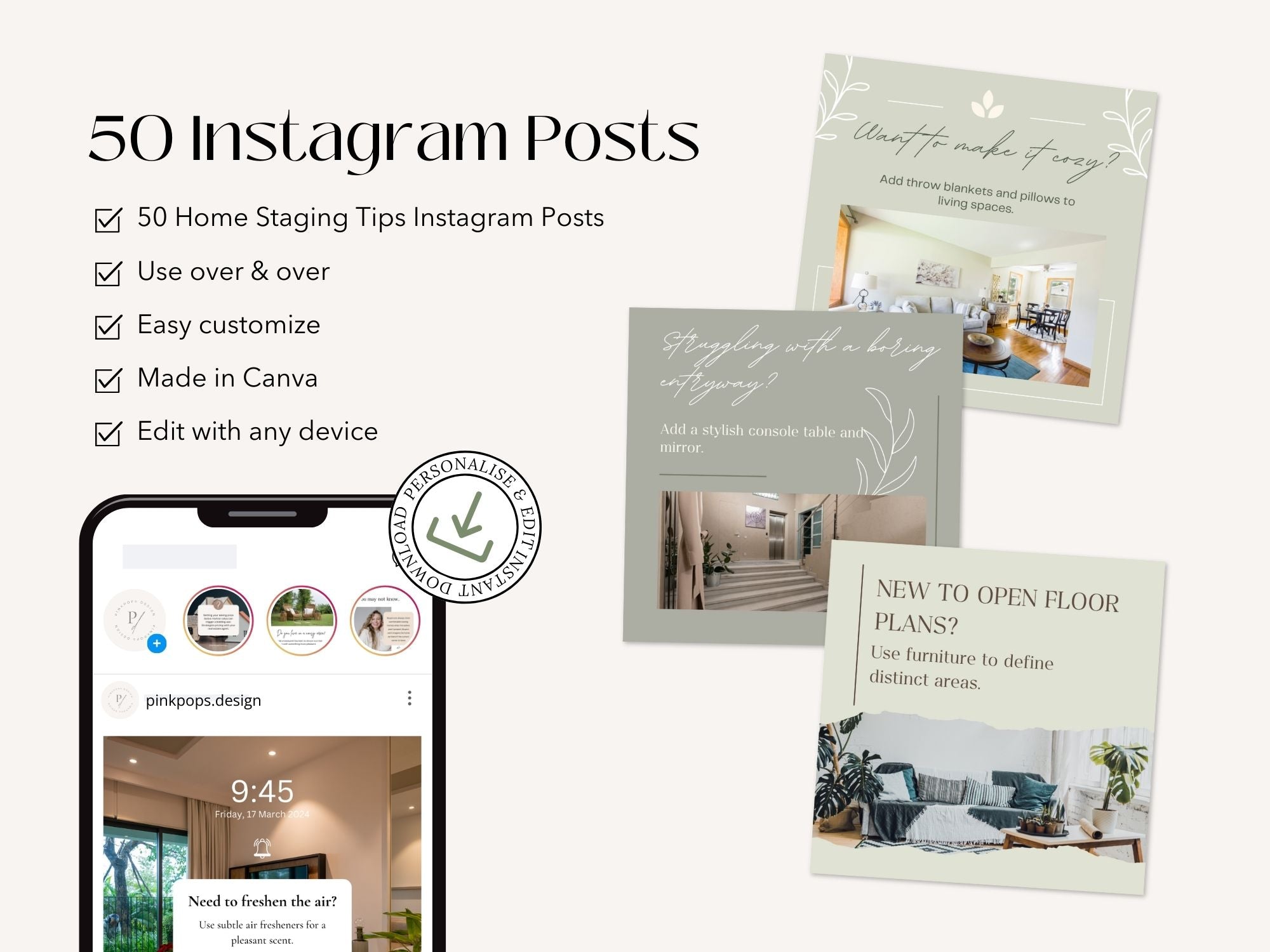 50 Home Staging Tips Instagram Posts - Professionally crafted templates offering essential home staging advice.
