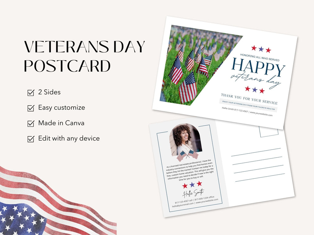 Real Estate Veterans Day Postcard Vol 01 - Specially crafted postcard honoring Veterans Day, expressing gratitude and celebrating service with a beautifully designed real estate marketing card.