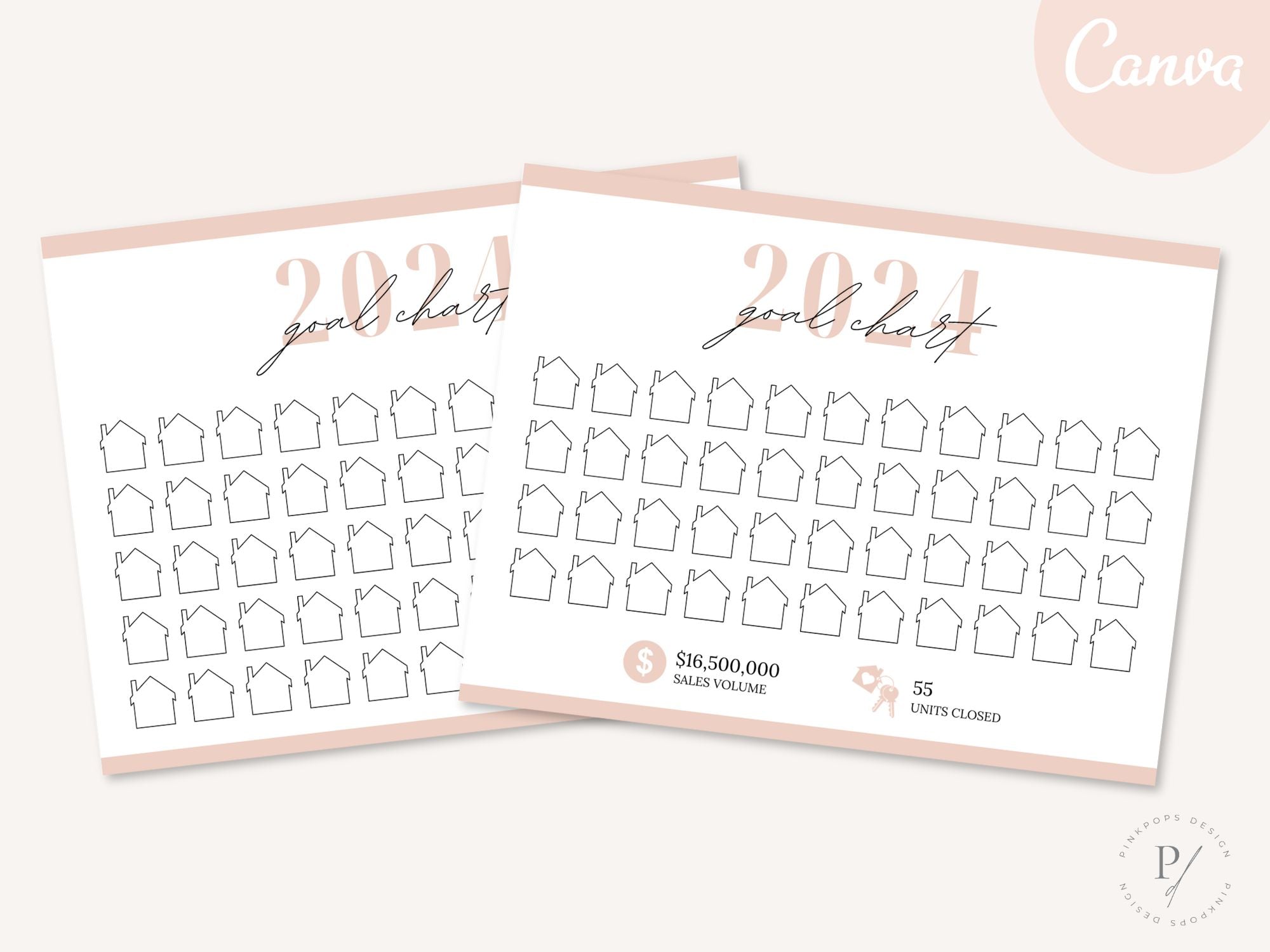 Real Estate Blush Pink 2024 Realtor Goal Chart - Visually appealing chart for goal setting and tracking in a sophisticated blush pink theme, providing a motivational and elegant tool for achieving real estate milestones