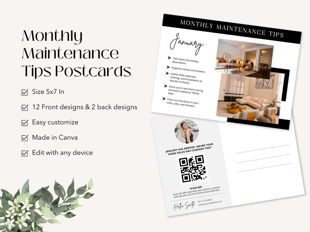 Monthly Maintenance Tips Postcards - Beautifully designed postcards offering valuable home maintenance advice.