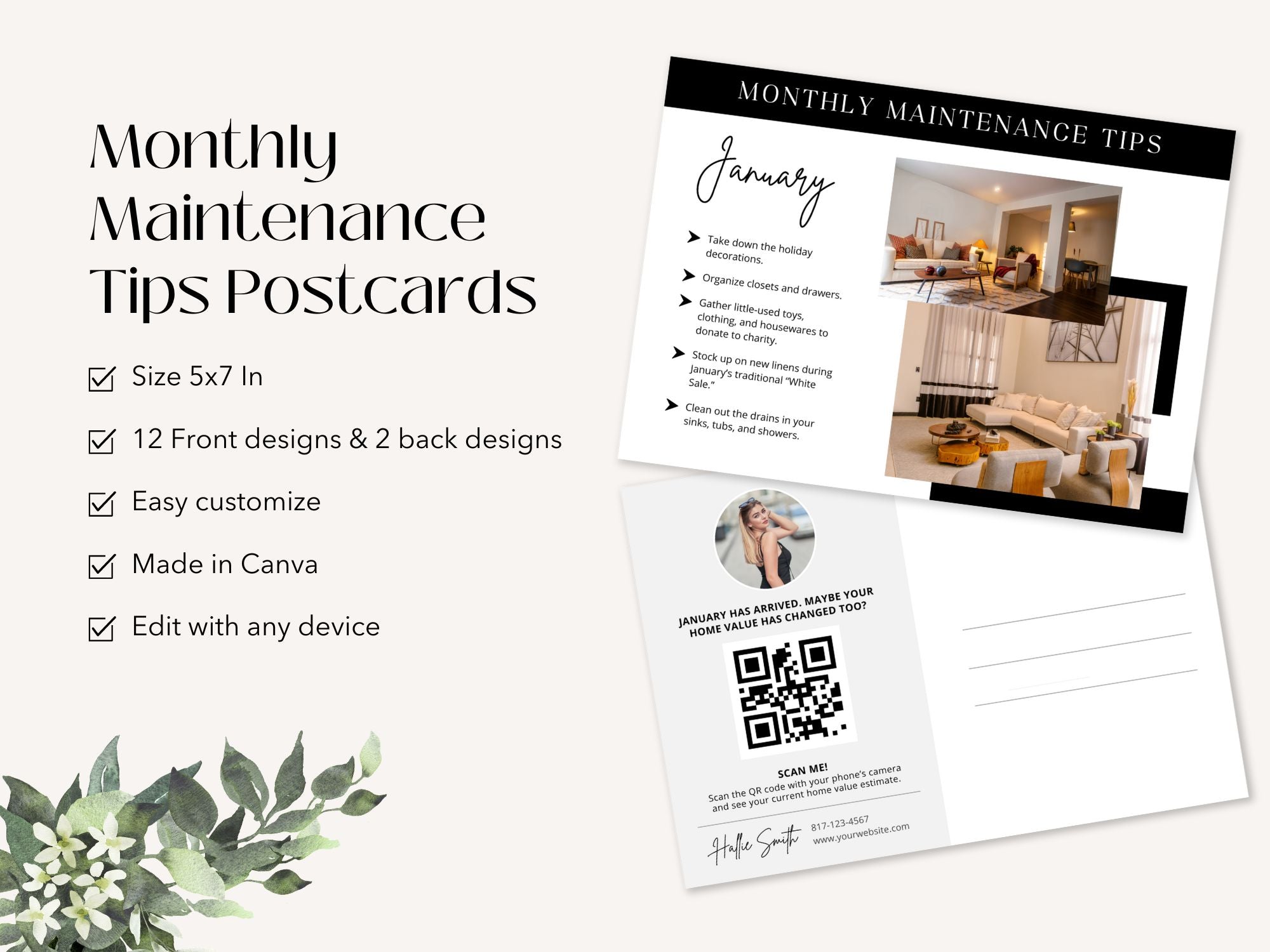 Monthly Maintenance Tips Postcards - Beautifully designed postcards offering valuable home maintenance advice.
