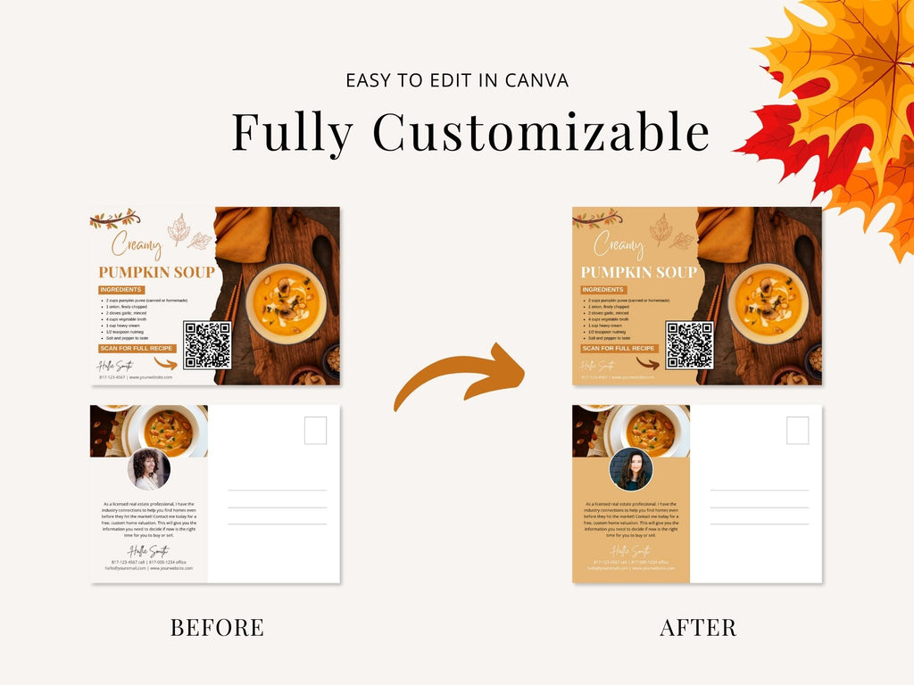 Real Estate Fall Recipe Postcard Bundle - Delightful bundle combining autumnal design with flavorful recipes for a unique and engaging way to express seasonal greetings and foster connections with clients during the fall season.