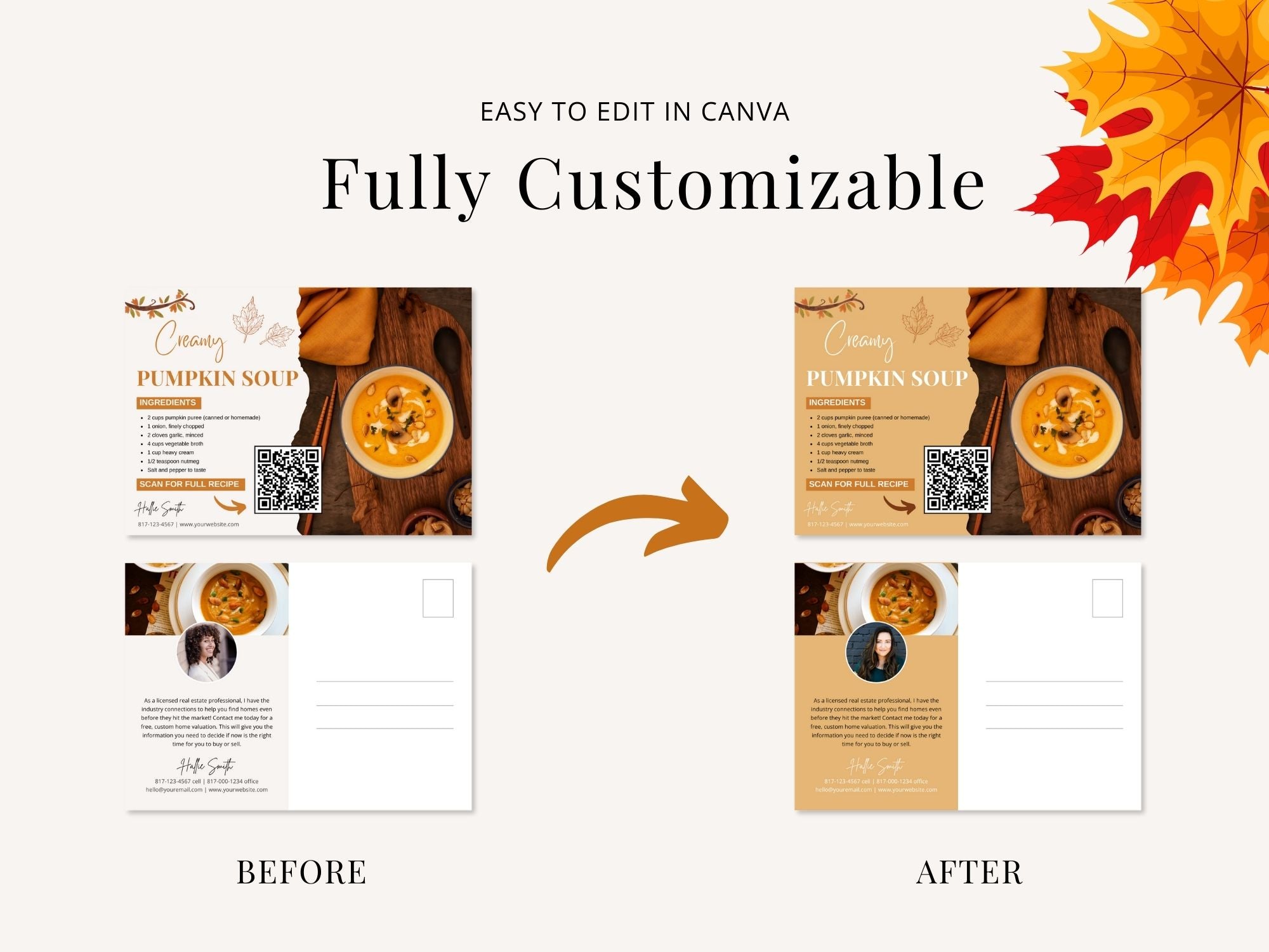 Real Estate Fall Recipe Postcard Bundle - Delightful bundle combining autumnal design with flavorful recipes for a unique and engaging way to express seasonal greetings and foster connections with clients during the fall season.