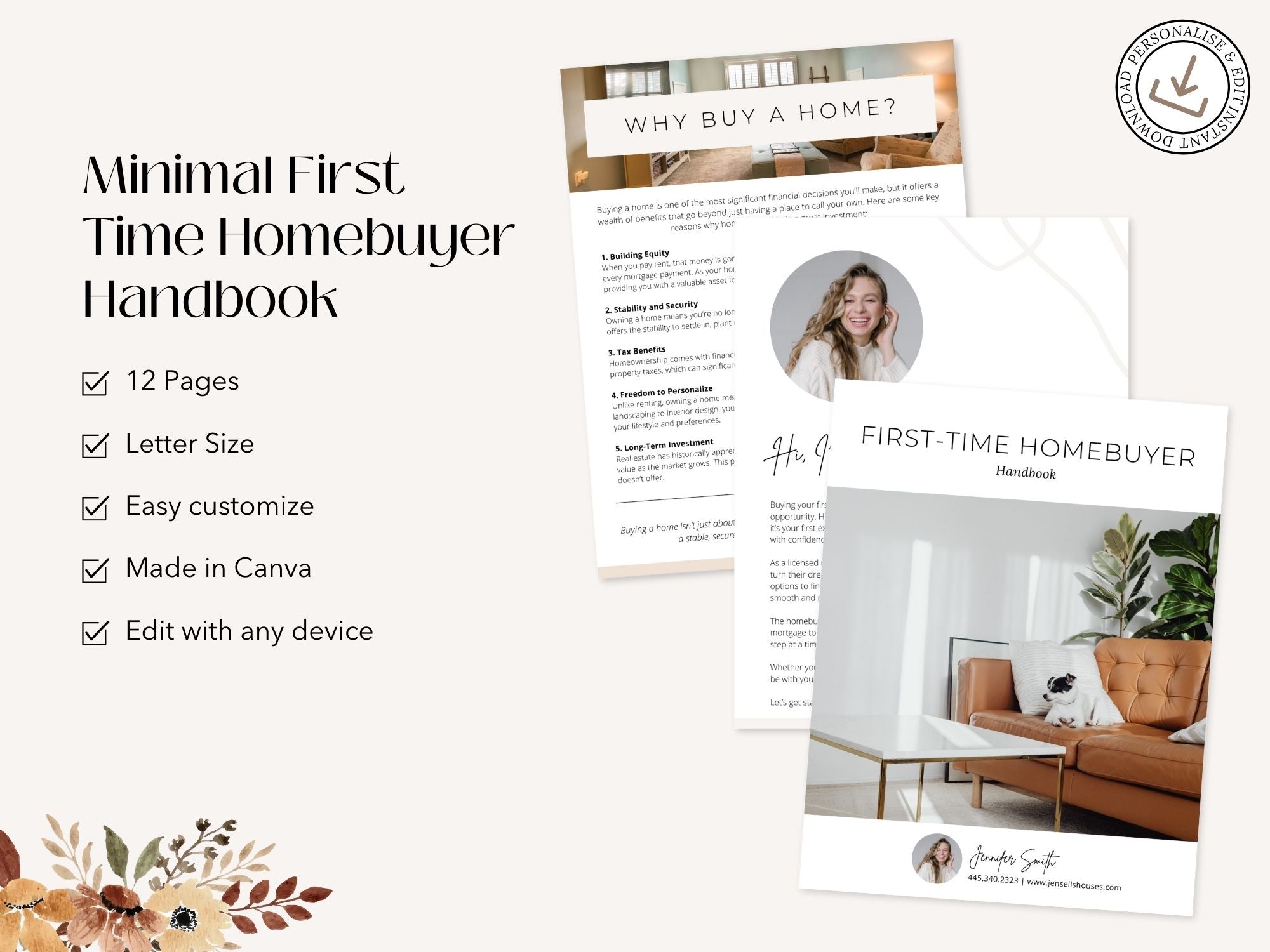 Minimal First Time Homebuyer Handbook for realtors, guiding new buyers through the home
purchase process.