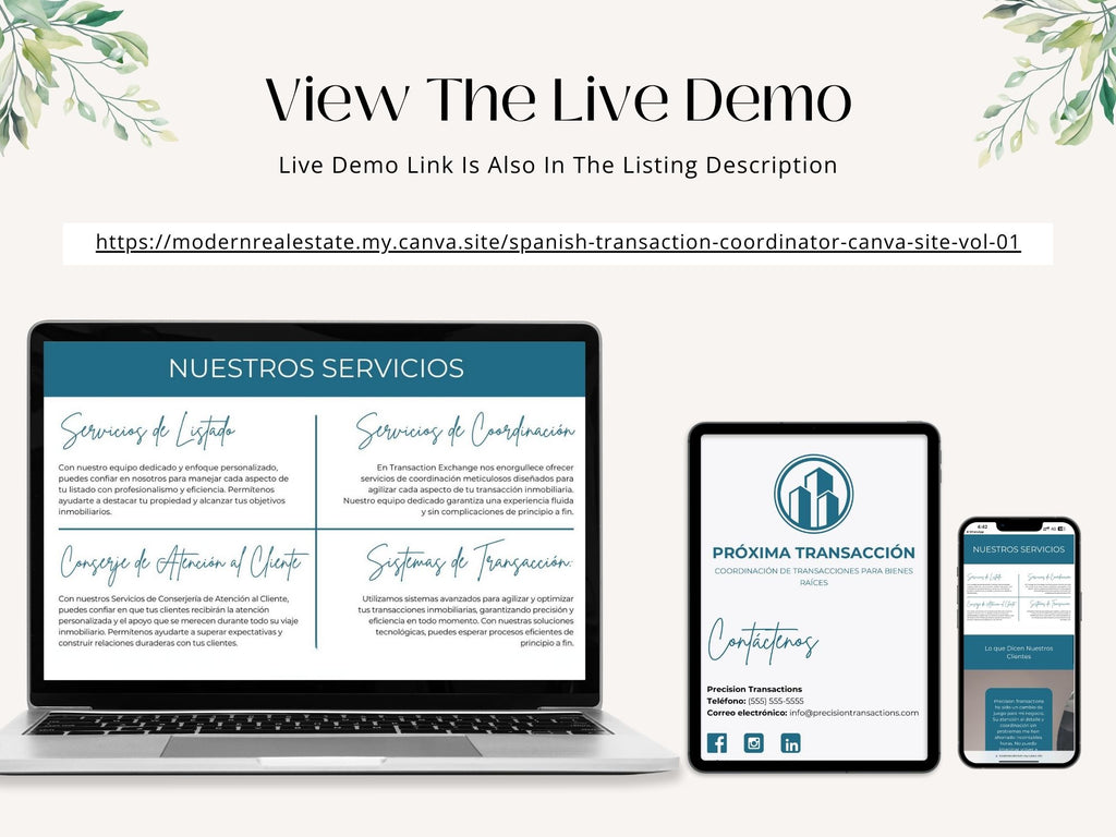  Spanish Transaction Coordinator Canva Site Vol 01- Efficient site template for managing real  estate transactions.