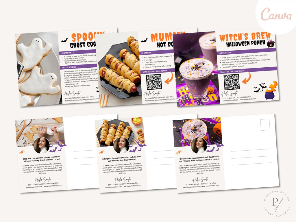 Real Estate Halloween Recipe Postcard Bundle - Delightful bundle combining spooky design with mouthwatering recipes for a unique and engaging way to express seasonal greetings and foster connections with clients during the Halloween season.
